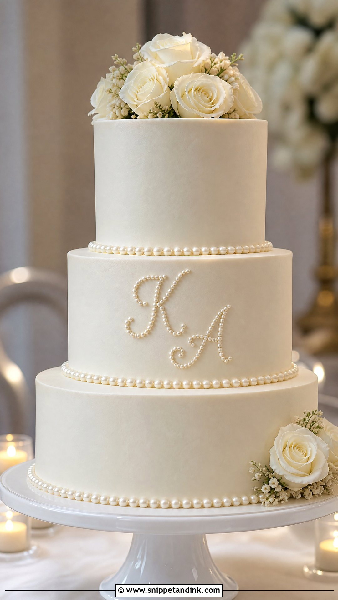 Pearl Wedding Cake With Pearl Monogram - Snippet and Ink - 20 Pearl Wedding Cake Ideas