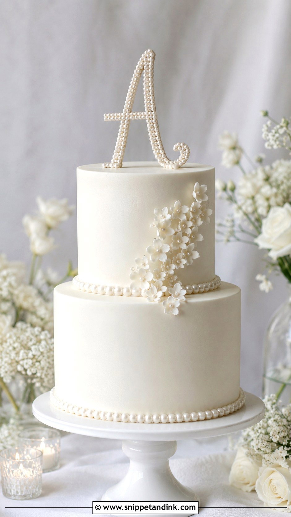 Pearl Wedding Cake With Pearl Topper - Snippet and Ink - 20 Pearls on Wedding Cake Ideas