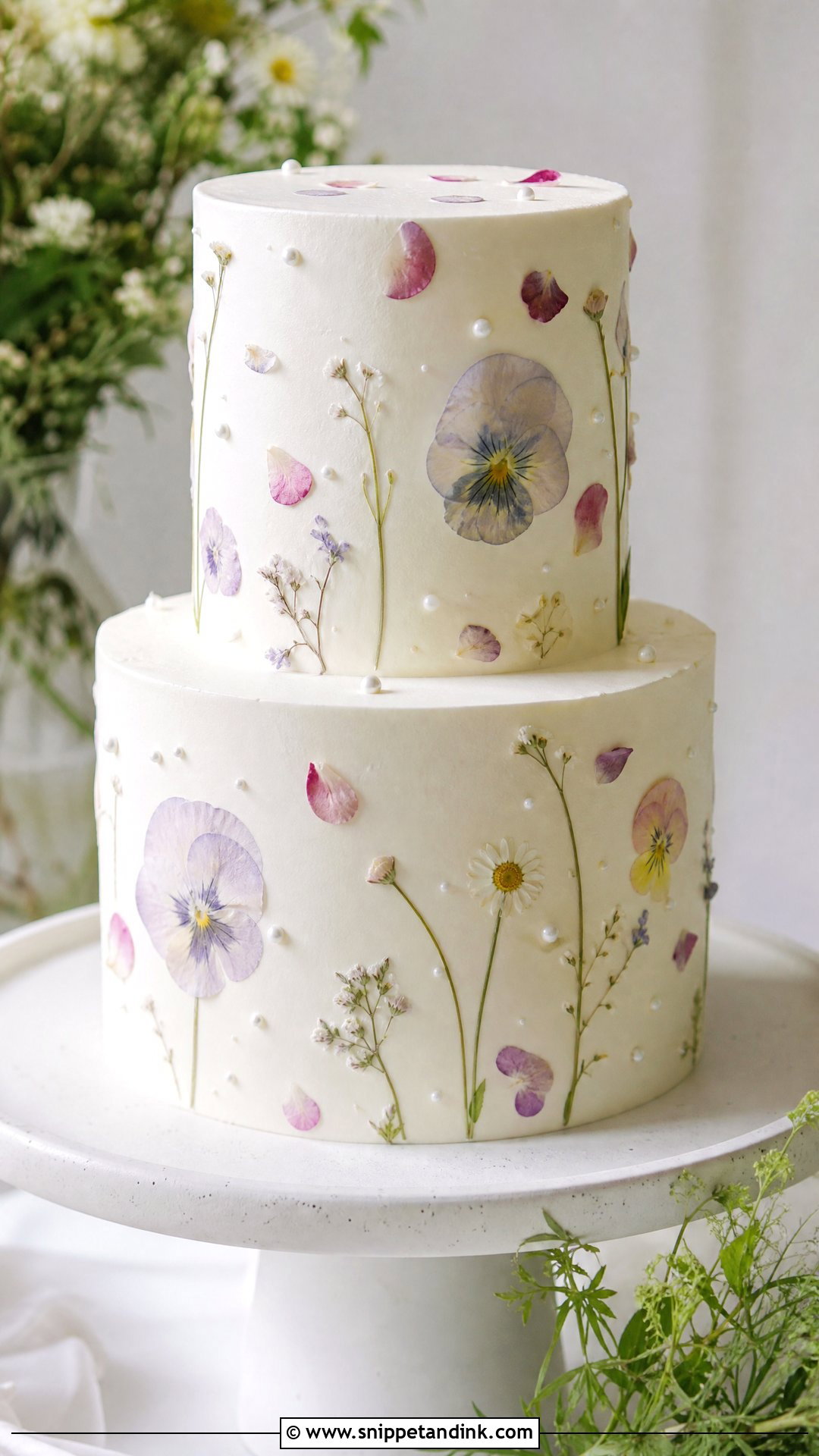 Pearl Wedding Cake With Pressed Flowers - Snippet and Ink - 20 Pearls Cake Ideas for Wedding