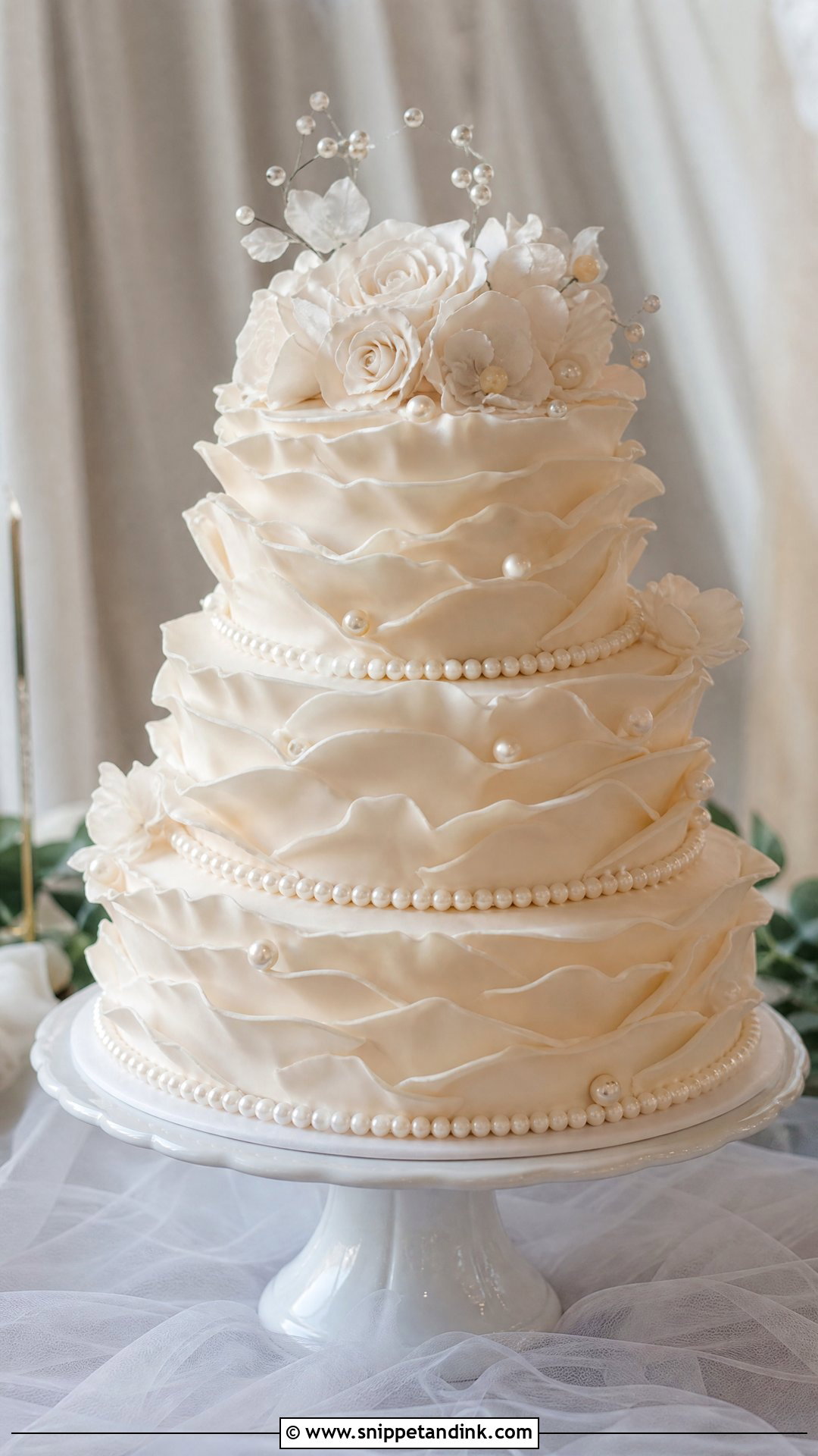 Pearl Wedding Cake With Ruffle Tiers - Snippet and Ink - 20 Pearl Wedding Cake Ideas
