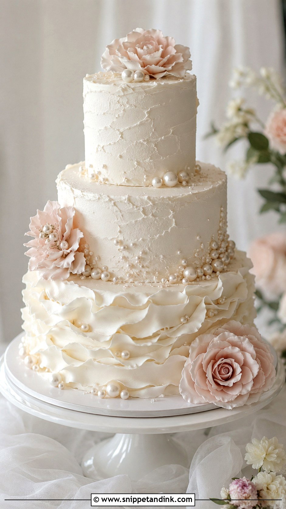 Pearl Wedding Cake With Ruffles - Snippet and Ink - 20 Pearls on Wedding Cake Ideas