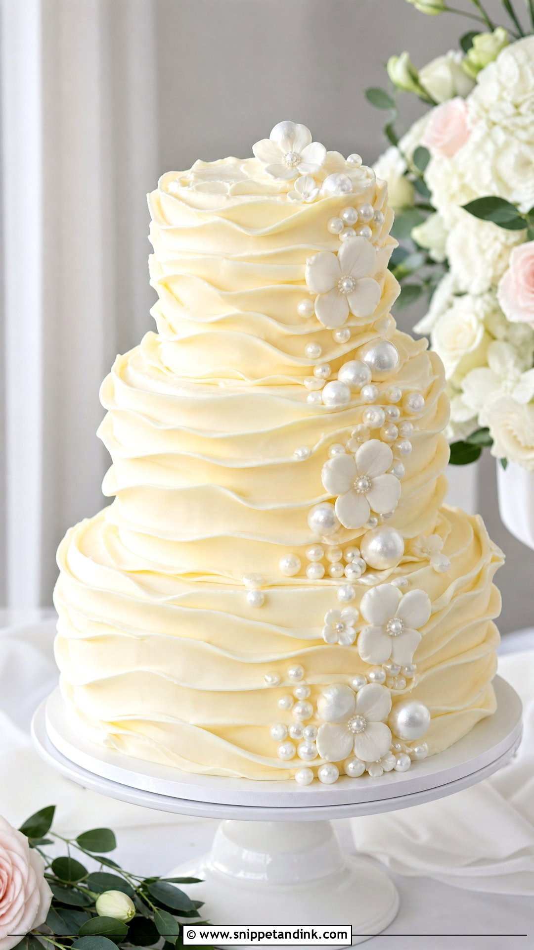 Pearl Wedding Cake With Ruffles - Snippet and Ink - 20 Pearls Cake Ideas for Wedding
