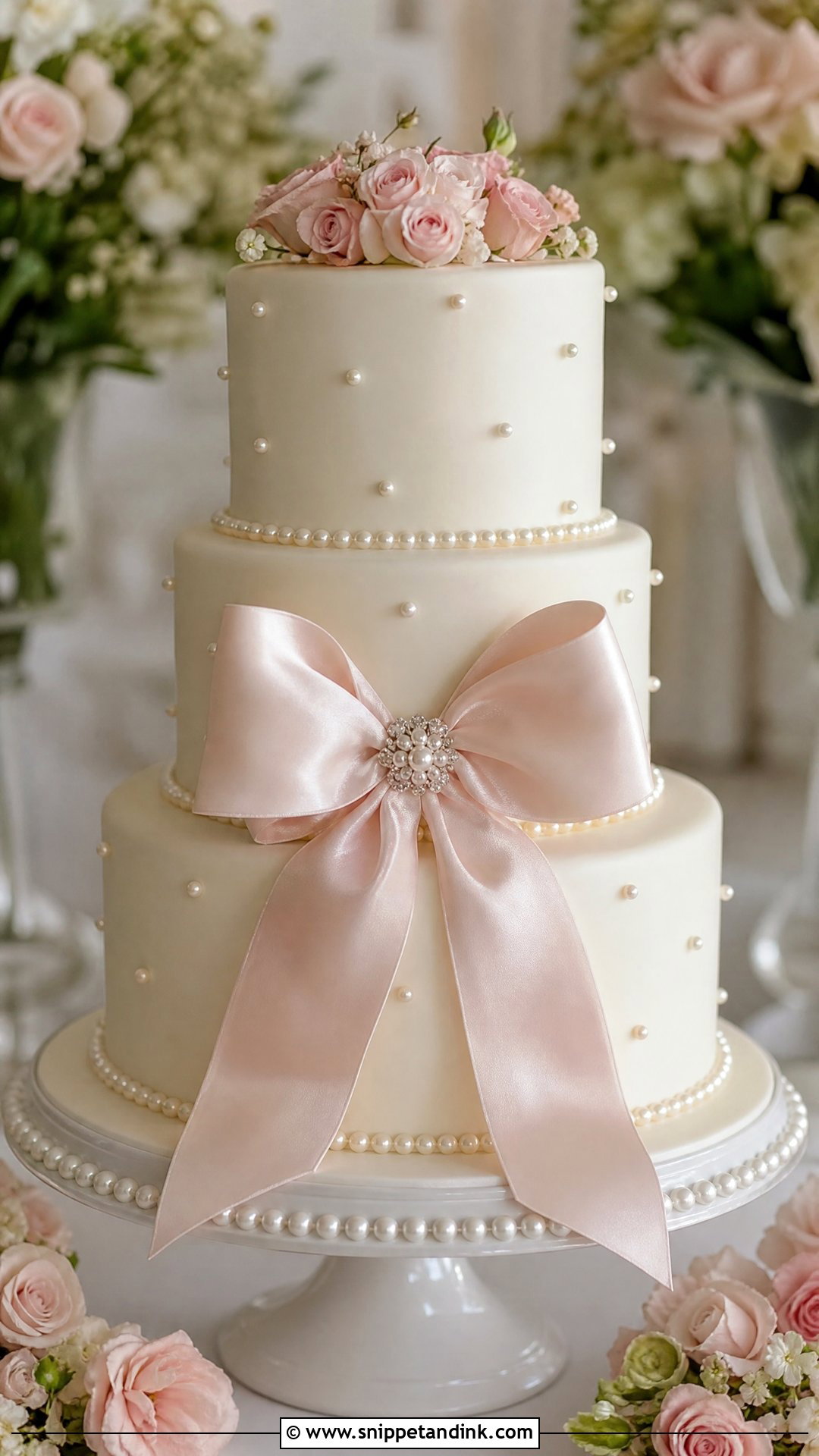 Pearl Wedding Cake With Satin Bow - Snippet and Ink - 20 Pearl Wedding Cake Ideas