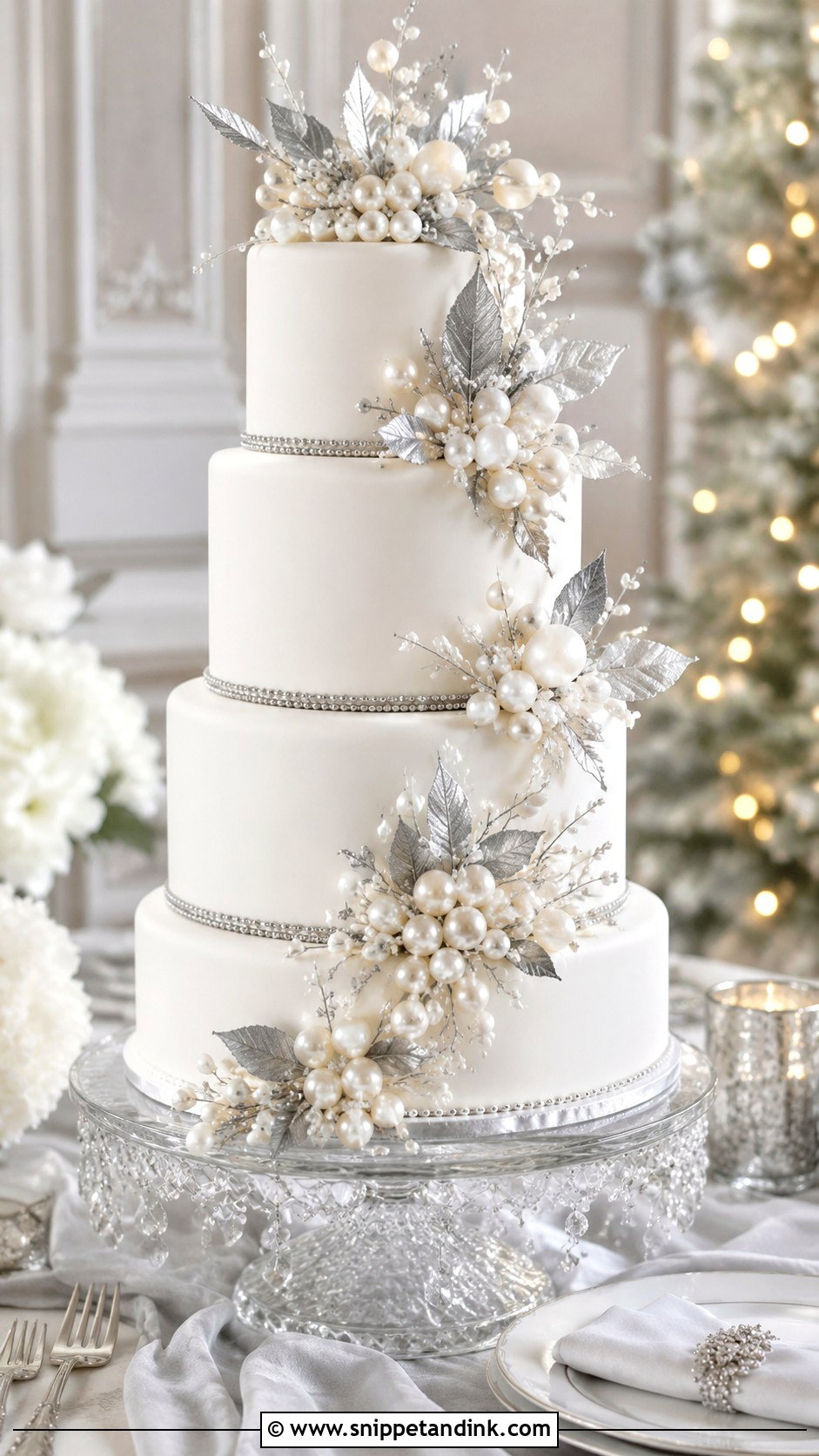 Pearl Wedding Cake With Silver Accents - Snippet and Ink - 20 Pearls on Wedding Cake Ideas