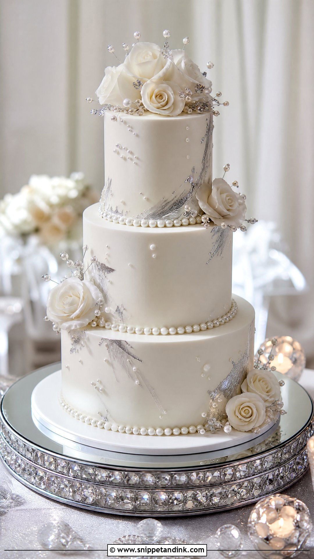 Pearl Wedding Cake With Silver Accents - Snippet and Ink - 20 Pearl Wedding Cake Ideas