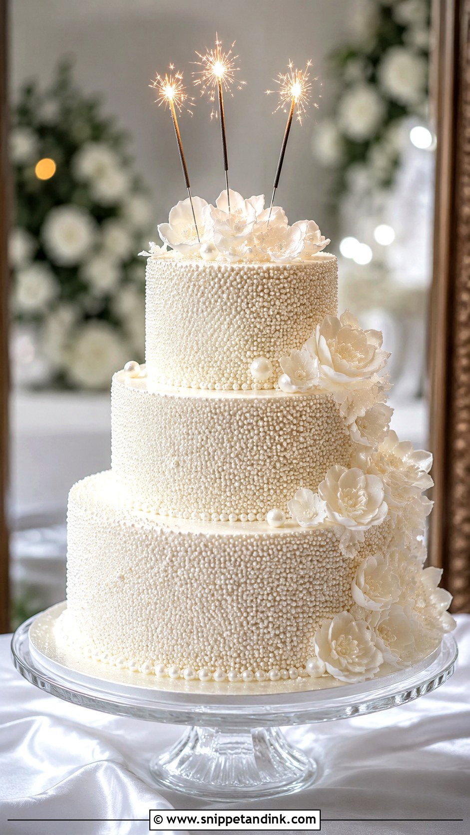 Pearl Wedding Cake With Sparklers - Snippet and Ink - 20 Cake Ideas with Sparklers for Wedding