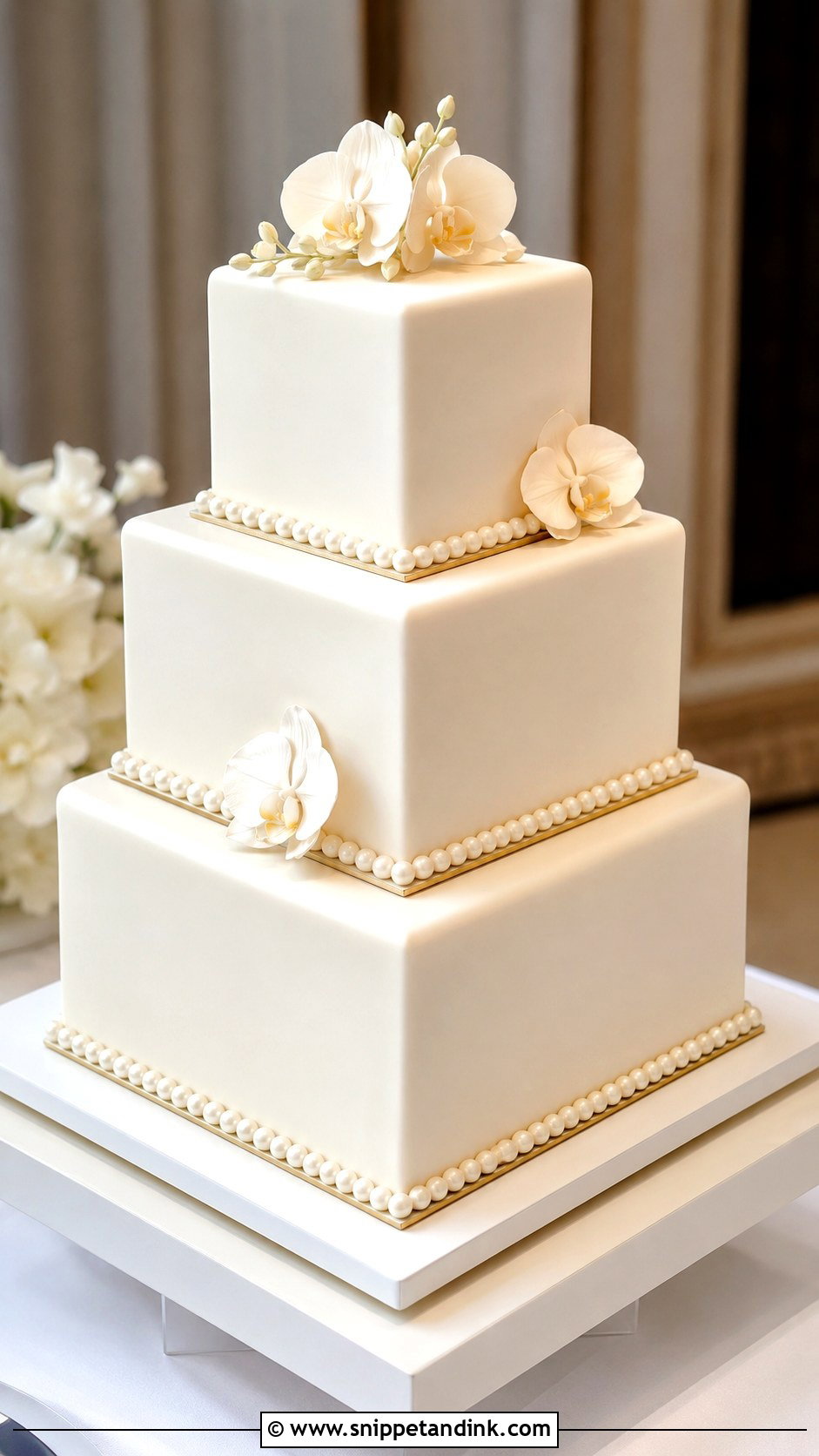 Pearl Wedding Cake With Square Tiers - Snippet and Ink - 20 Pearls on Wedding Cake Ideas