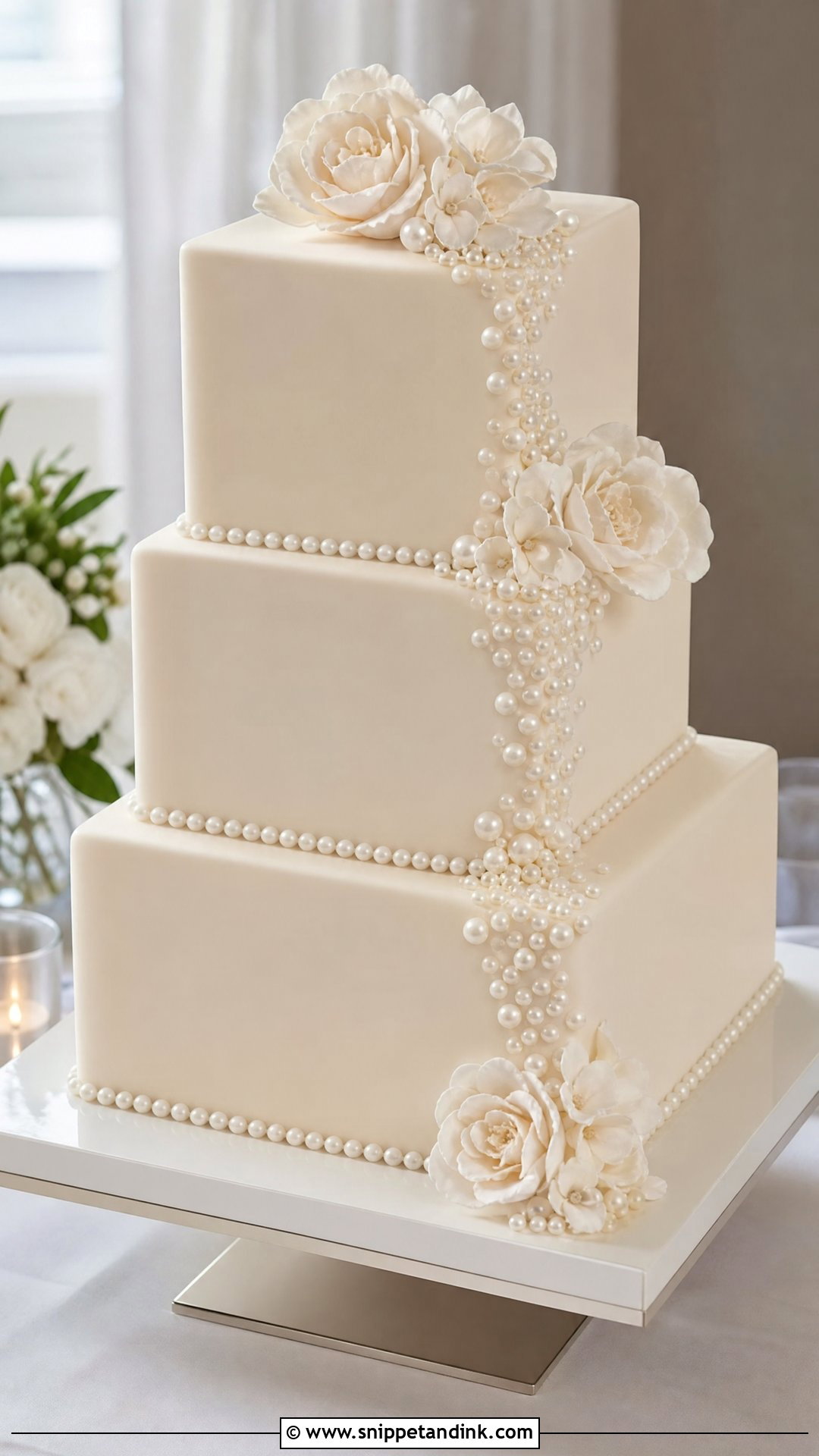 Pearl Wedding Cake With Square Tiers - Snippet and Ink - 20 Pearls Cake Ideas for Wedding
