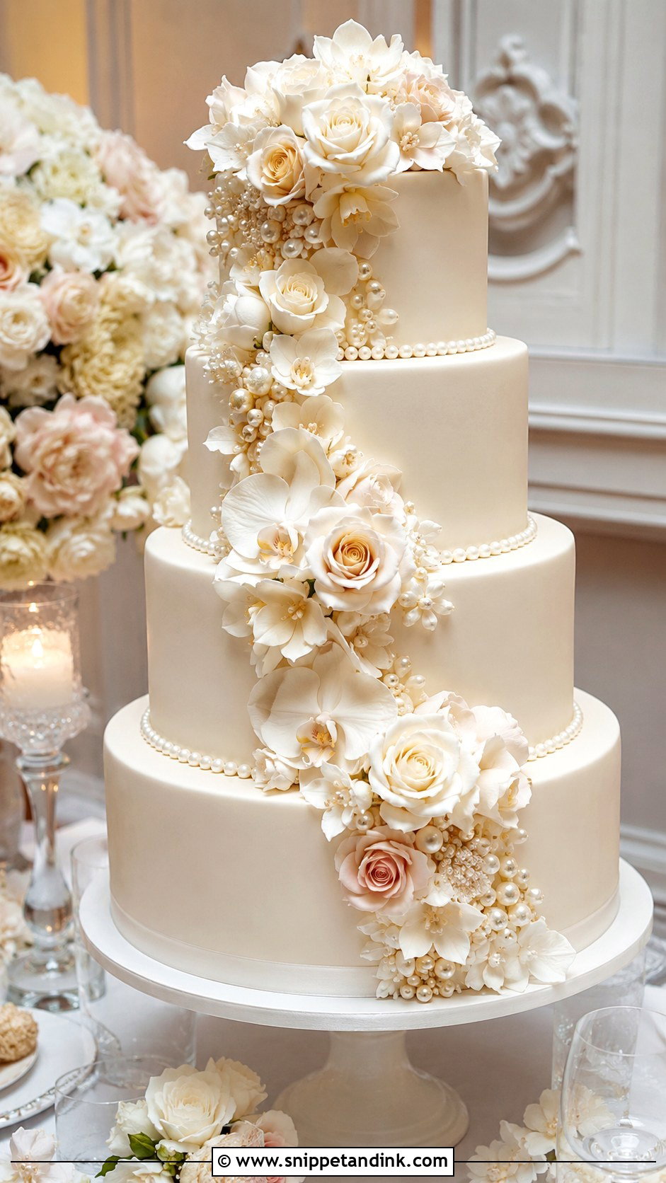 Pearl Wedding Cake With Sugar Flowers - Snippet and Ink - 20 Pearls on Wedding Cake Ideas