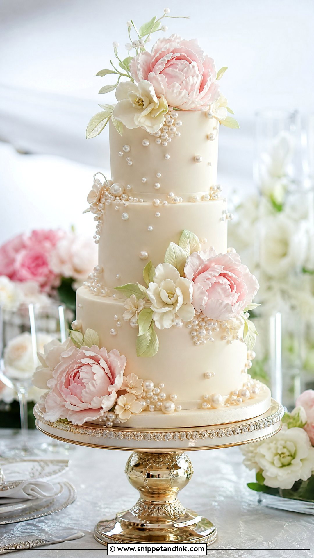 Pearl Wedding Cake With Sugar Flowers - Snippet and Ink - 20 Pearl Wedding Cake Ideas