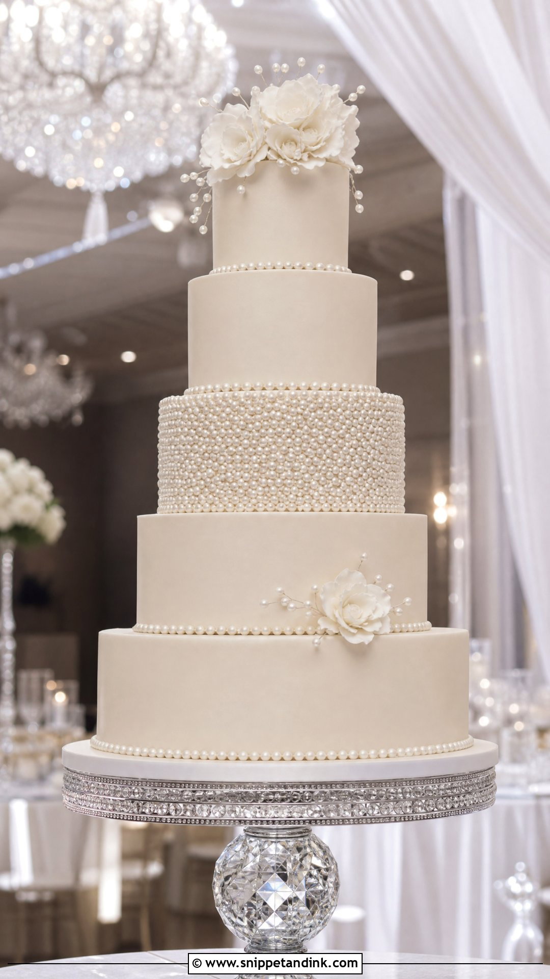 Pearl Wedding Cake With Tall Tiers - Snippet and Ink - 20 Pearl Wedding Cake Ideas
