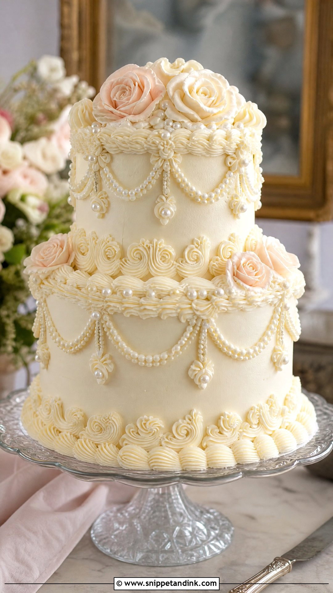 Pearl Wedding Cake With Vintage Piping - Snippet and Ink - 20 Pearls Cake Ideas for Wedding