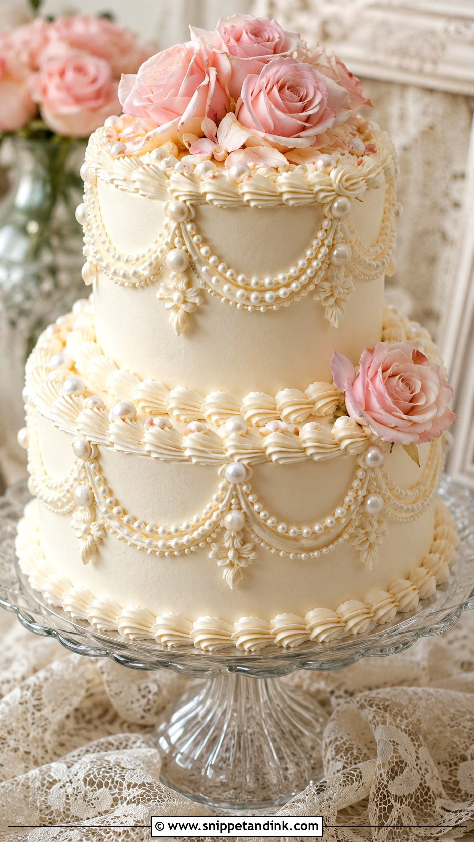 Pearl Wedding Cake With Vintage Piping - Snippet and Ink - 20 Pearls on Wedding Cake Ideas