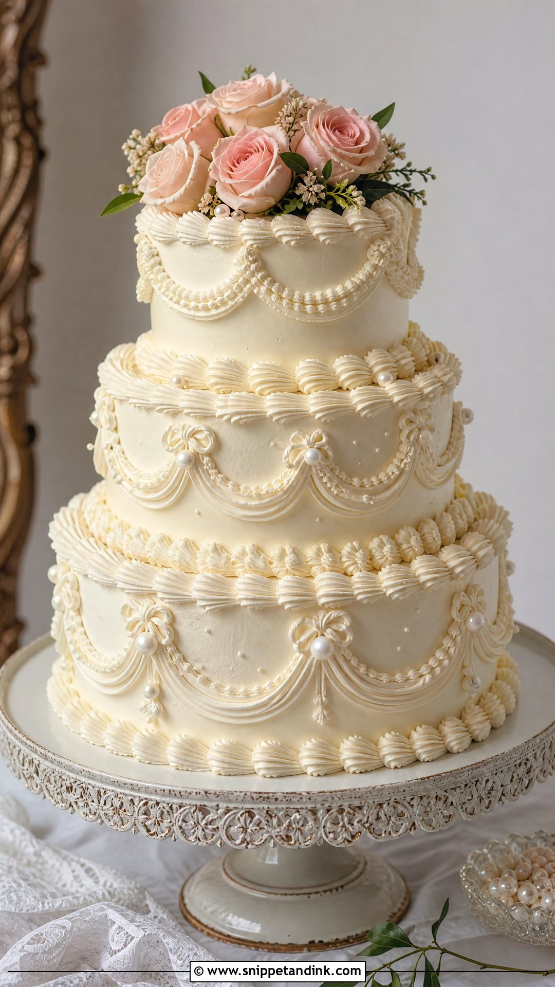 Pearl Wedding Cake With Vintage Piping - Snippet and Ink - 20 Pearl Wedding Cake Ideas