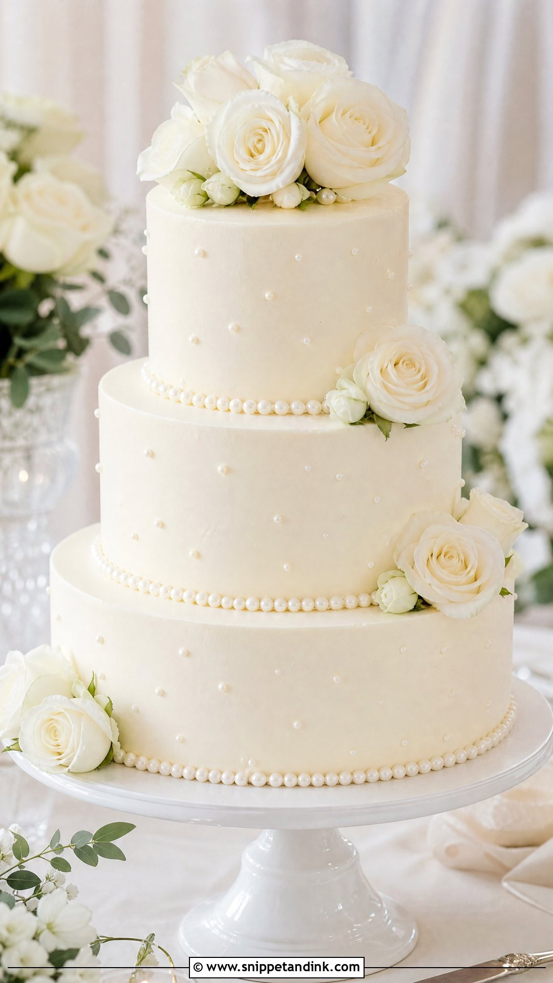 Pearl Wedding Cake With White Roses - Snippet and Ink - 20 Pearl Wedding Cake Ideas