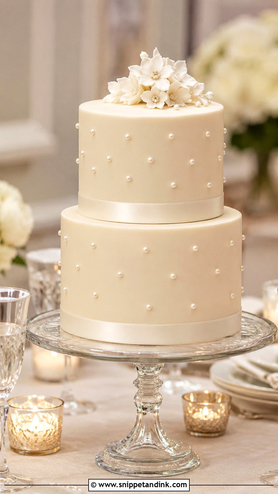 Pearl Wedding Cake on Pedestal - Snippet and Ink - 20 Wedding Cake Ideas on Pedestals