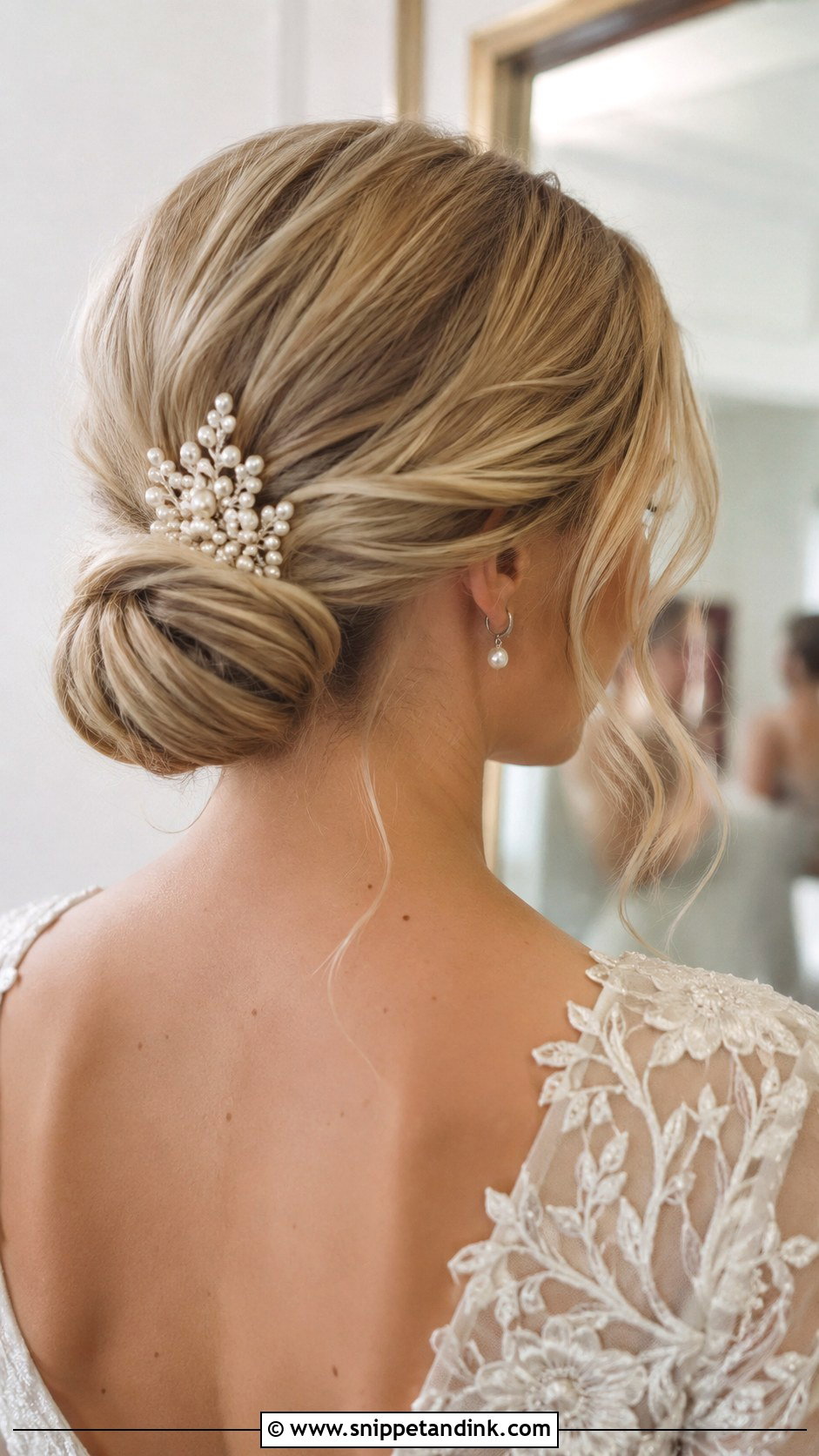 Pearl Wedding Hair Comb With Low Bun - Snippet and Ink - 15 Wedding Hair Accessory Ideas