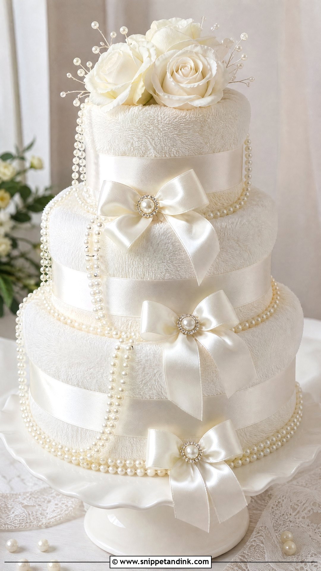 Pearl Wedding Towel Cake - Snippet and Ink - 20 Towel Cakes for Wedding