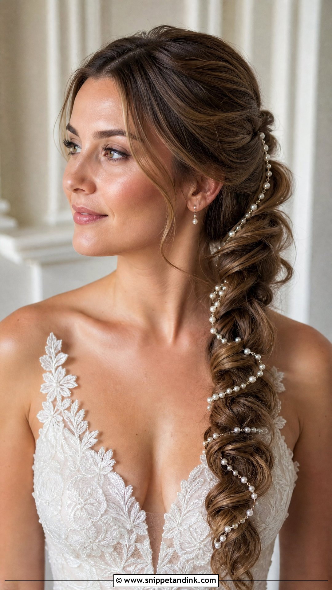 Pearl Wrapped Braided Ponytail - Snippet and Ink - 20 Wedding Hair with Pearls Ideas