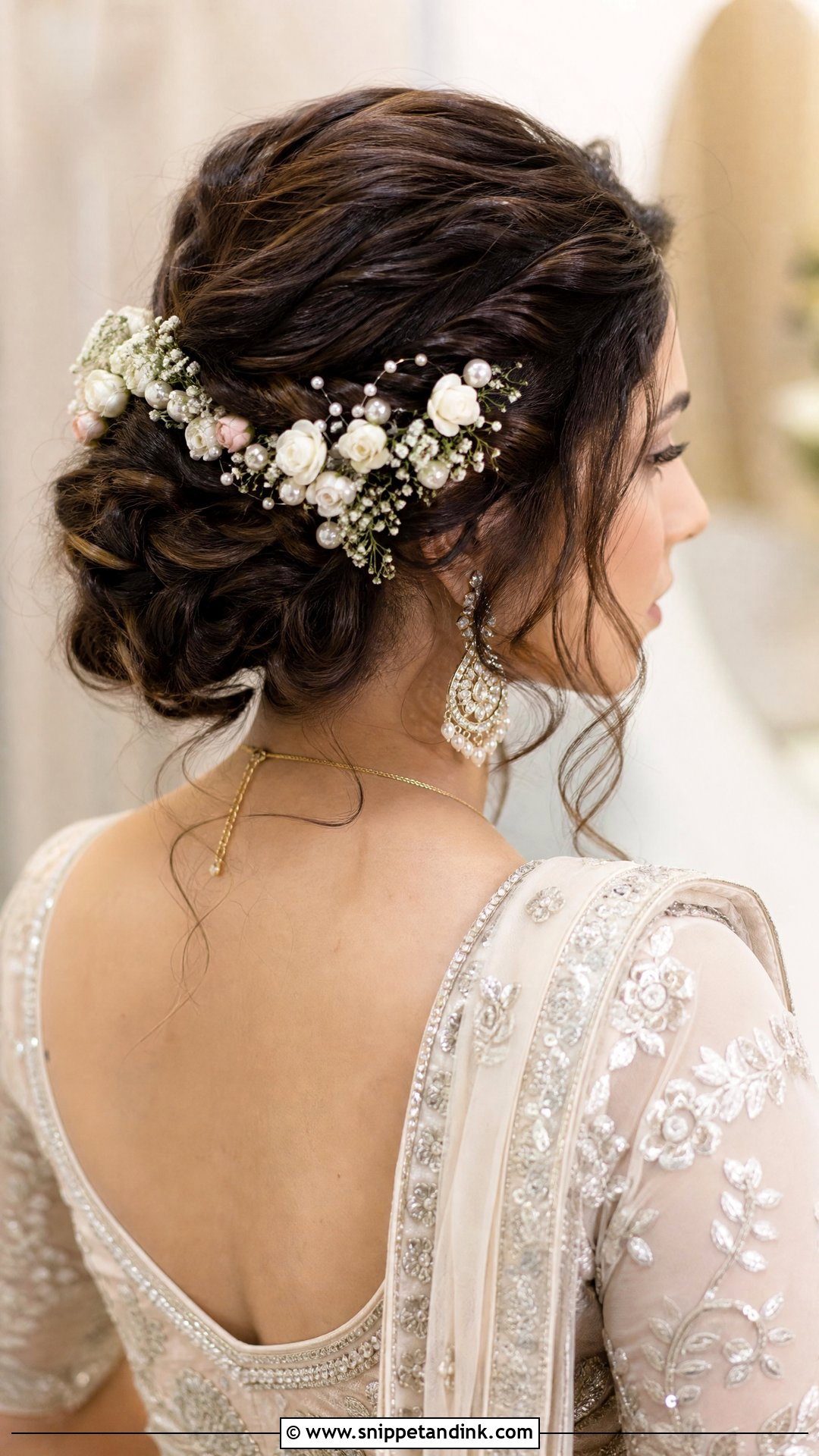 Pearl and Flower Bridal Bun - Snippet and Ink - 20 Indian Flower Bridal Bun Hairstyles