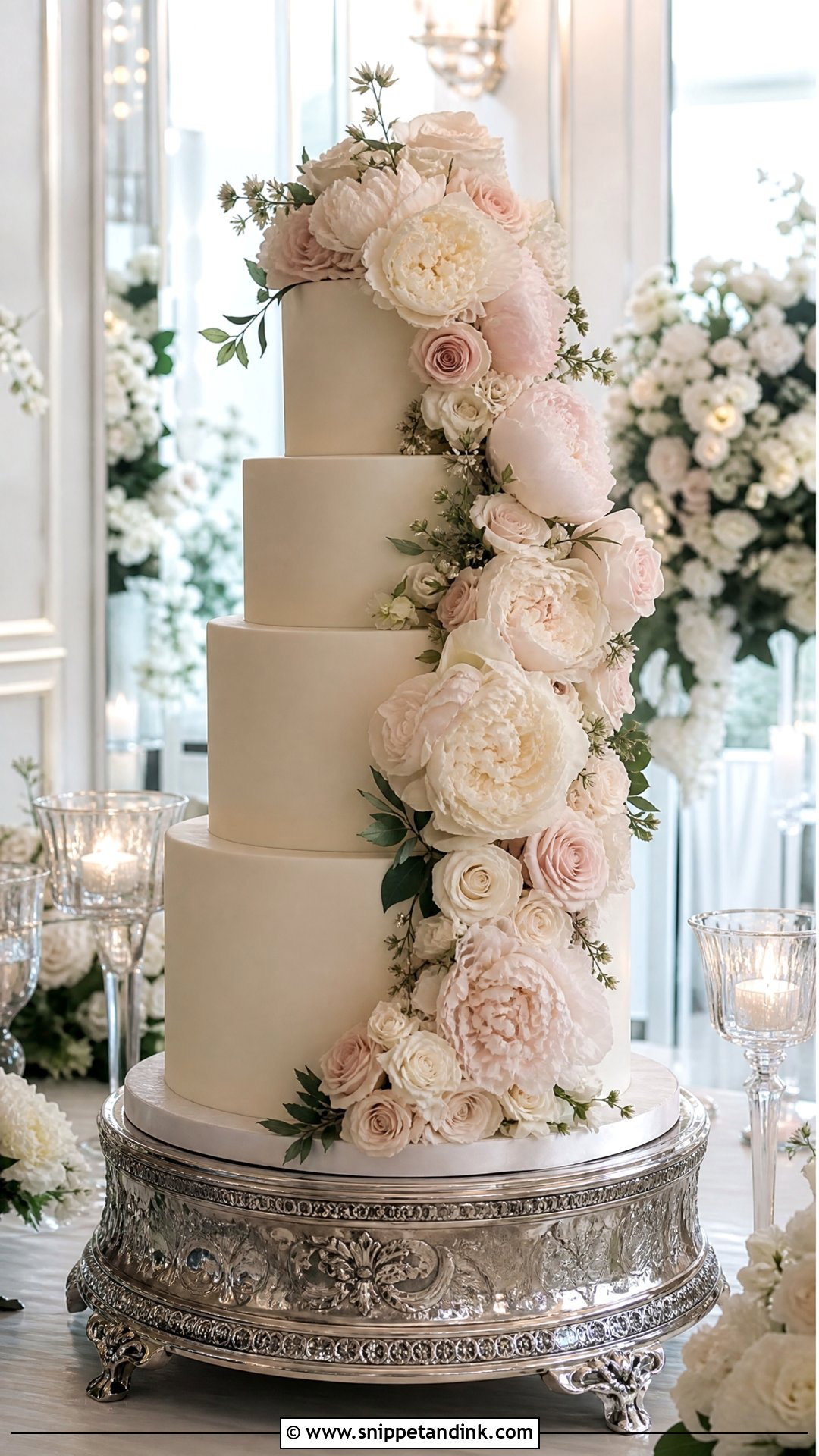 Peony Cascade Wedding Cake - Snippet and Ink - 25 Peony Cake Ideas for Wedding