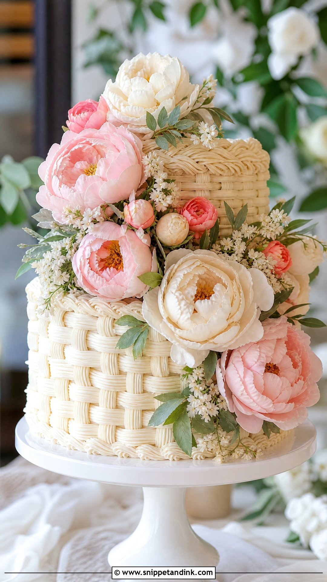 Peony Flower Basket Wedding Cake - Snippet and Ink - 25 Flower Basket Cake Ideas for Wedding