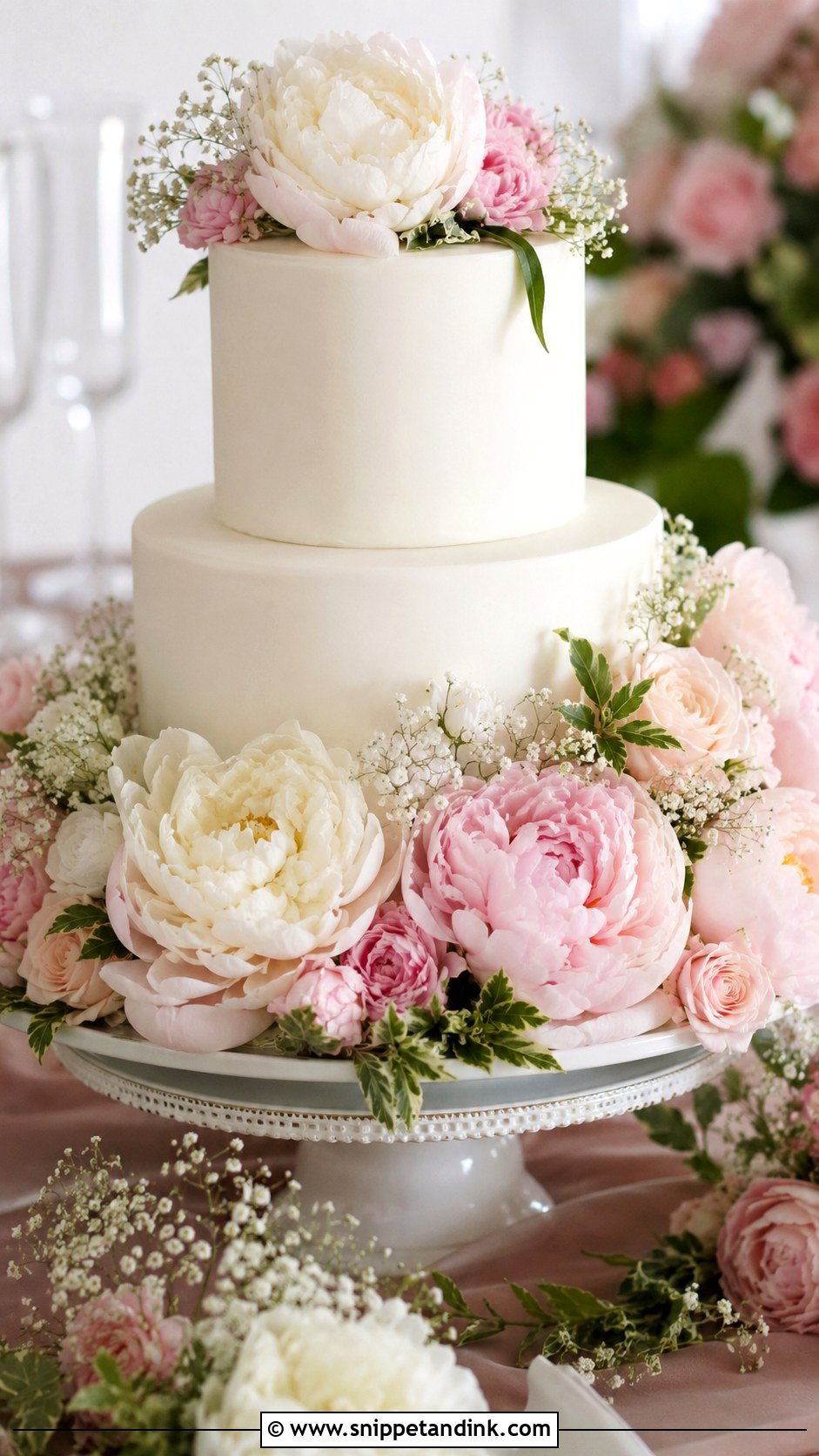 Peony Wedding Cake With Flowers Around Base - Snippet and Ink - 20 Flowers Around Cake Ideas for Wedding
