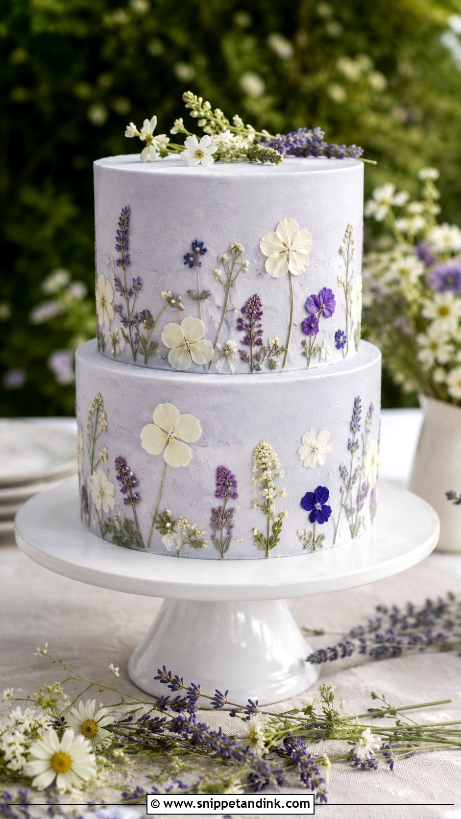 Periwinkle Pressed Flower Wedding Cake - Snippet and Ink - 25 Periwinkle Wedding Cake Ideas