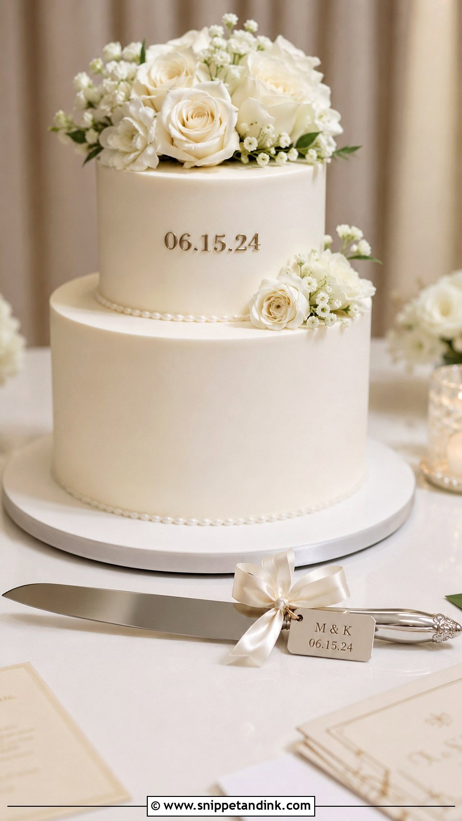 Personalized Tag Wedding Cake Knife With Date Cake - Snippet and Ink - 30 Wedding Cake Knife Decoration Ideas