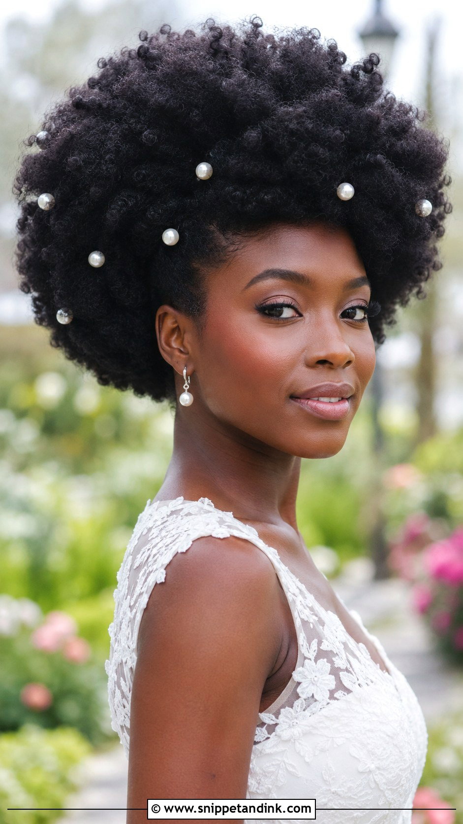 Picked Out Afro With Pearl Pins - Snippet and Ink - 25 Afro Bridal Hairstyles
