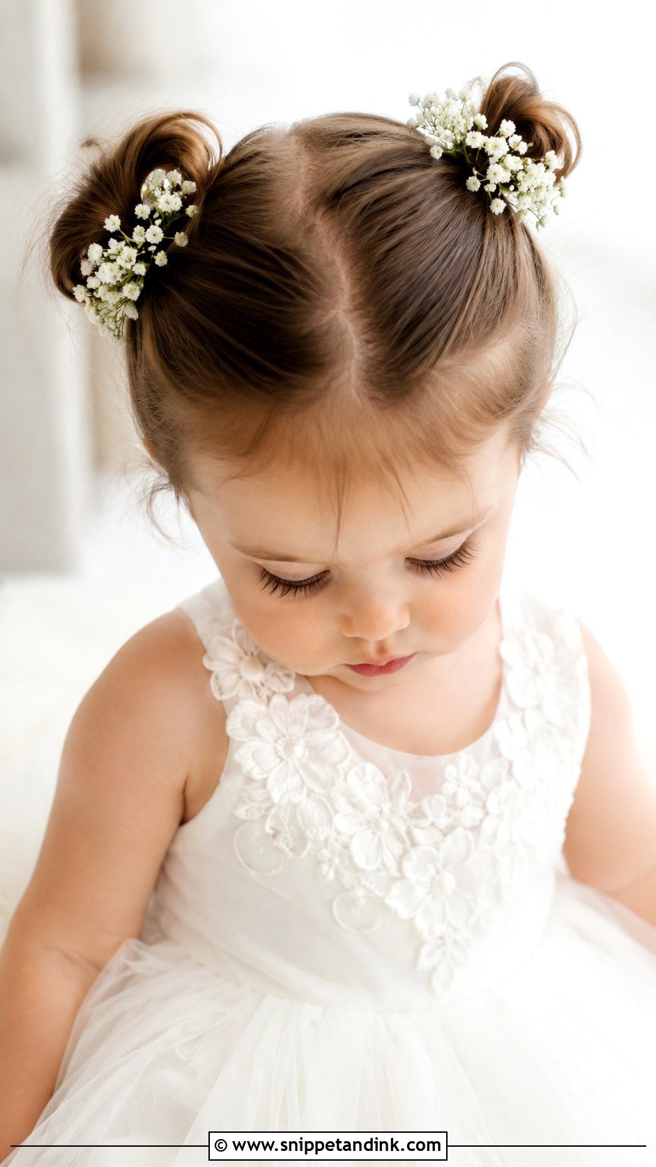 Pigtail Buns With Flowers - Snippet and Ink - 25 Toddler Wedding Hairstyles