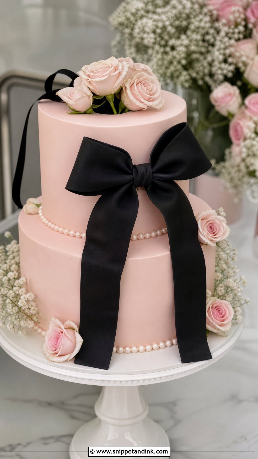 Pink And Black Wedding Cake With Bow - Snippet and Ink - 25 Pink and Black Cake Ideas for Wedding