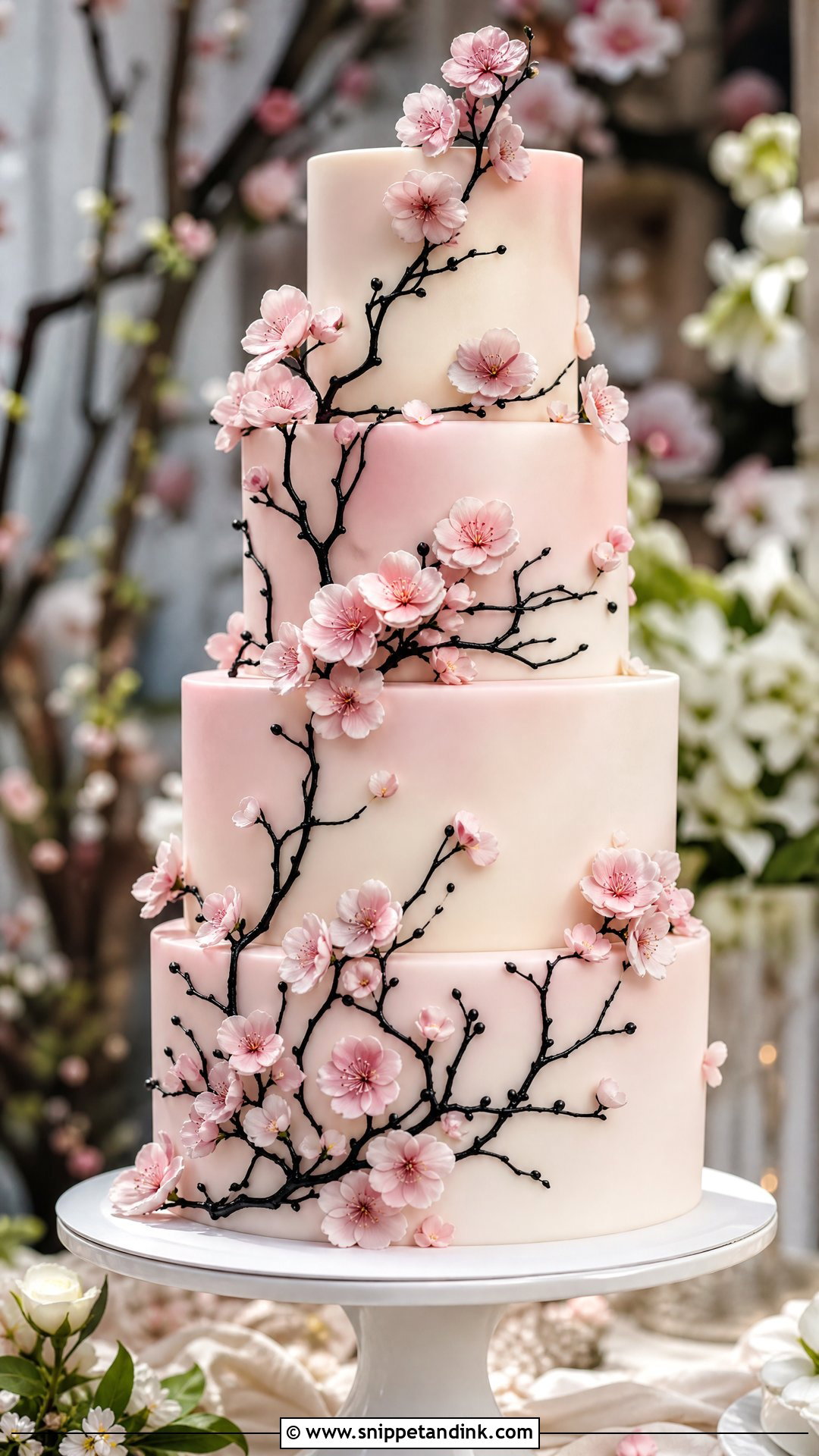 Pink And Black Wedding Cake With Cherry Blossoms - Snippet and Ink - 25 Pink and Black Cake Ideas for Wedding
