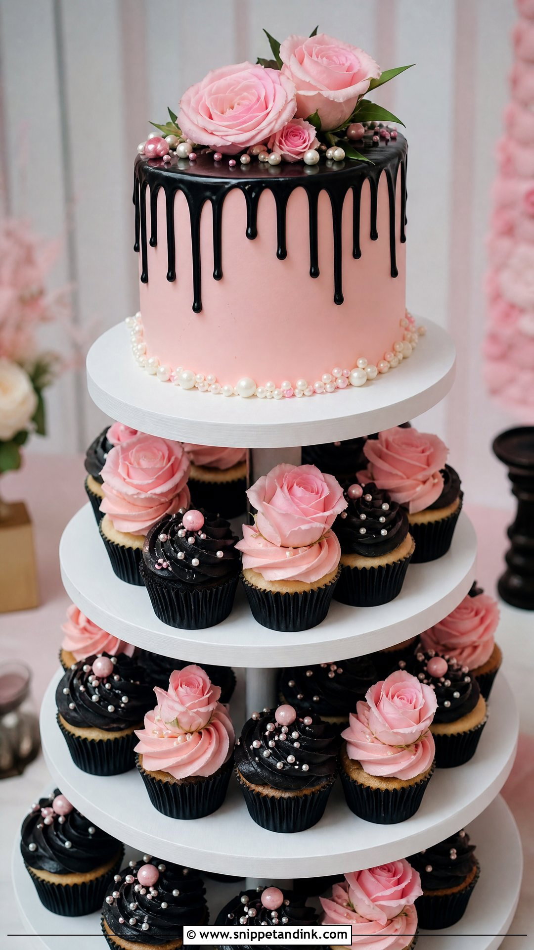 Pink And Black Wedding Cake With Cupcake Tower - Snippet and Ink - 25 Pink and Black Cake Ideas for Wedding