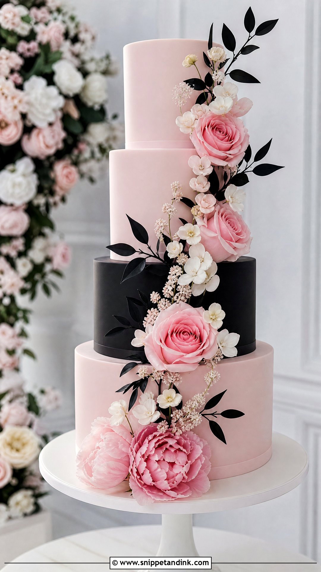 Pink And Black Wedding Cake With Floral Cascade - Snippet and Ink - 25 Pink and Black Cake Ideas for Wedding