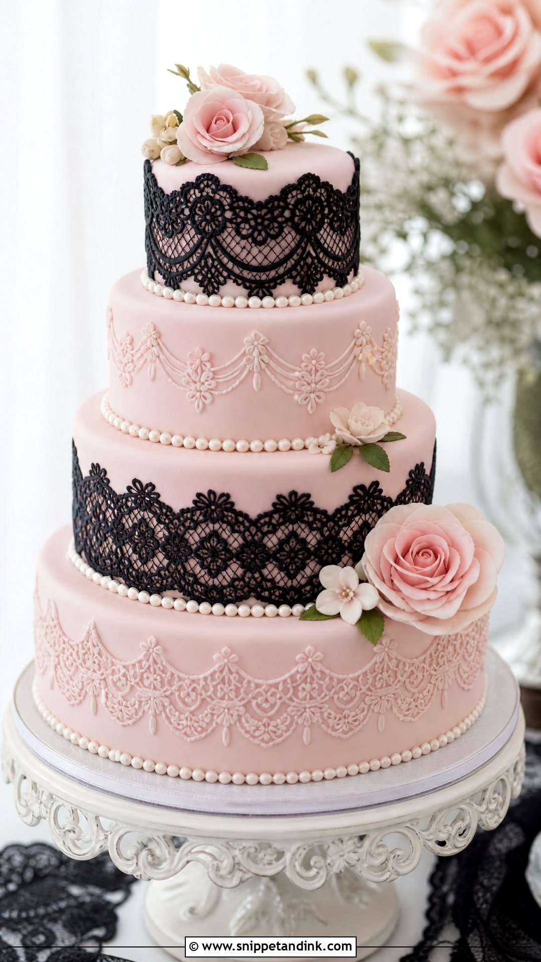 Pink And Black Wedding Cake With Lace - Snippet and Ink - 25 Pink and Black Cake Ideas for Wedding