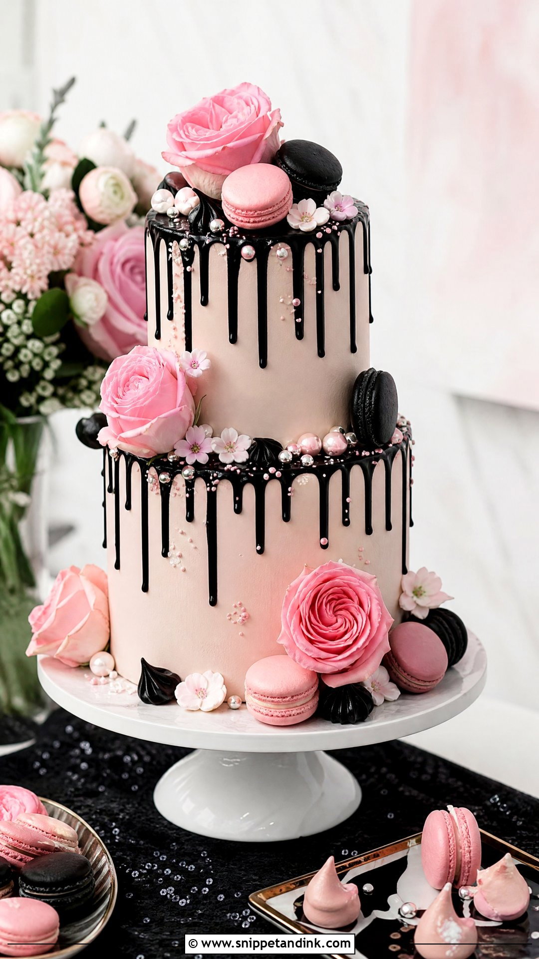 Pink And Black Wedding Cake With Macarons - Snippet and Ink - 25 Pink and Black Cake Ideas for Wedding