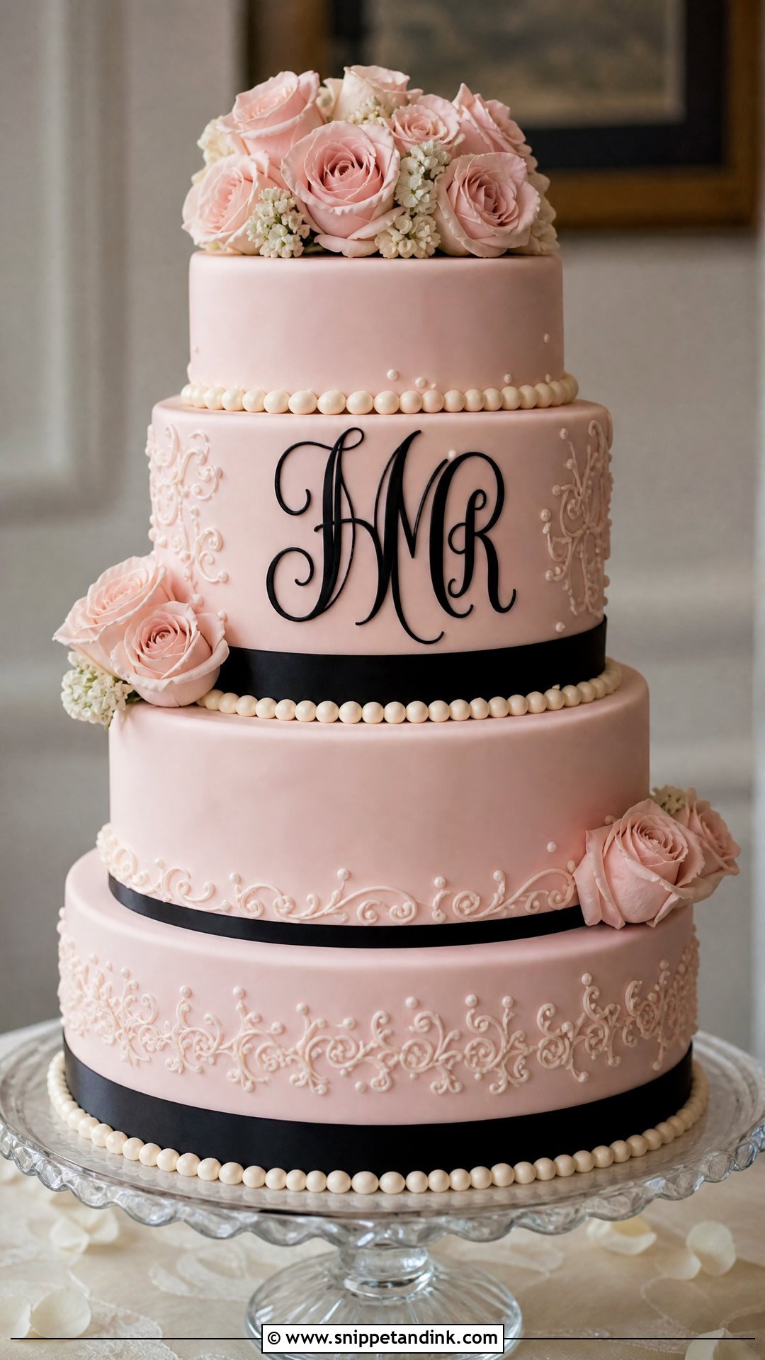 Pink And Black Wedding Cake With Monogram - Snippet and Ink - 25 Pink and Black Cake Ideas for Wedding