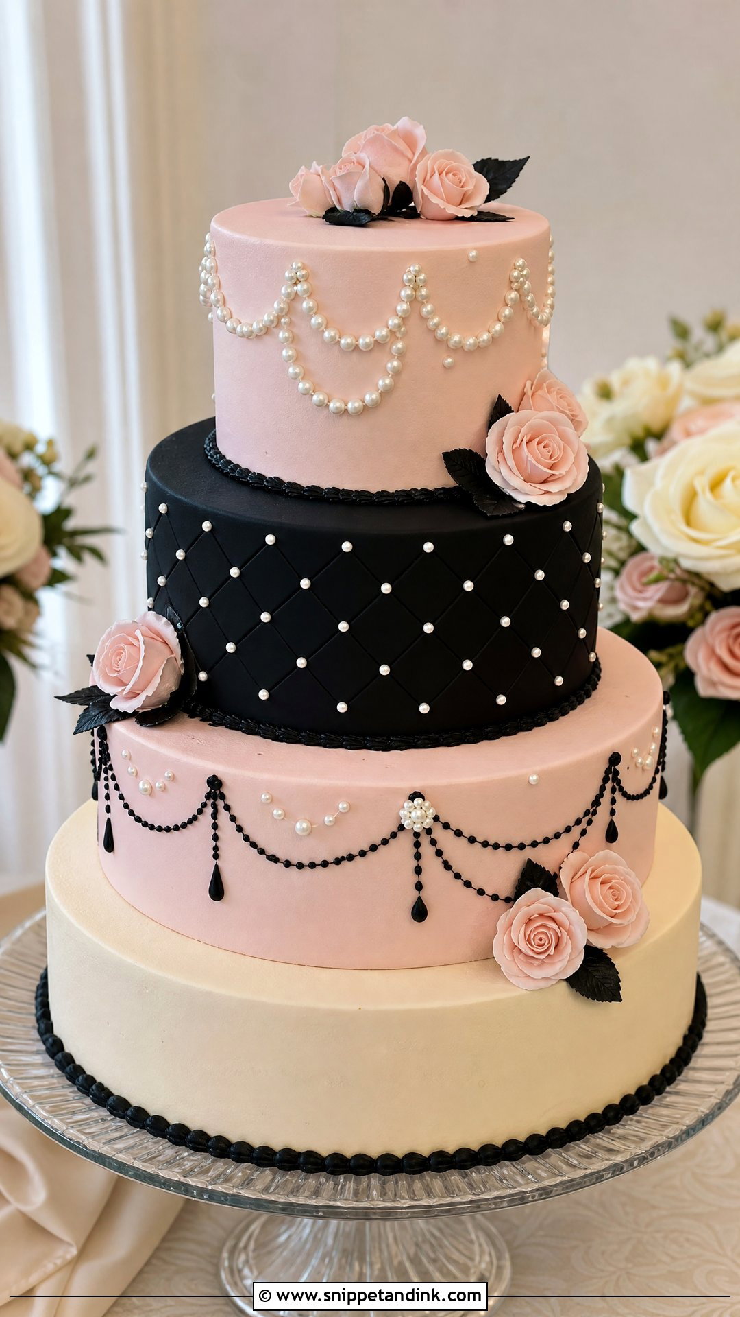 Pink And Black Wedding Cake With Pearls - Snippet and Ink - 25 Pink and Black Cake Ideas for Wedding