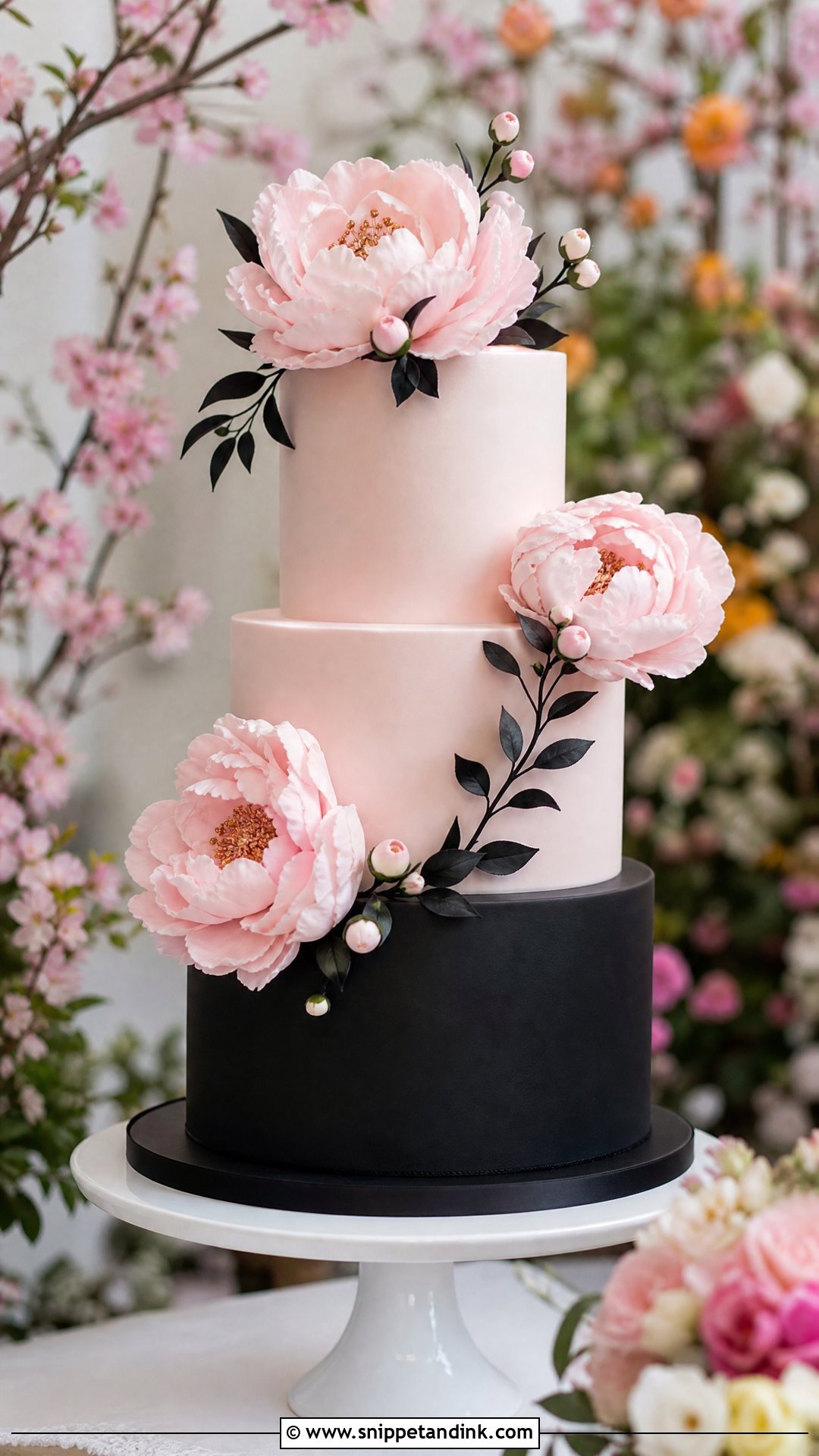 Pink And Black Wedding Cake With Peonies - Snippet and Ink - 25 Pink and Black Cake Ideas for Wedding