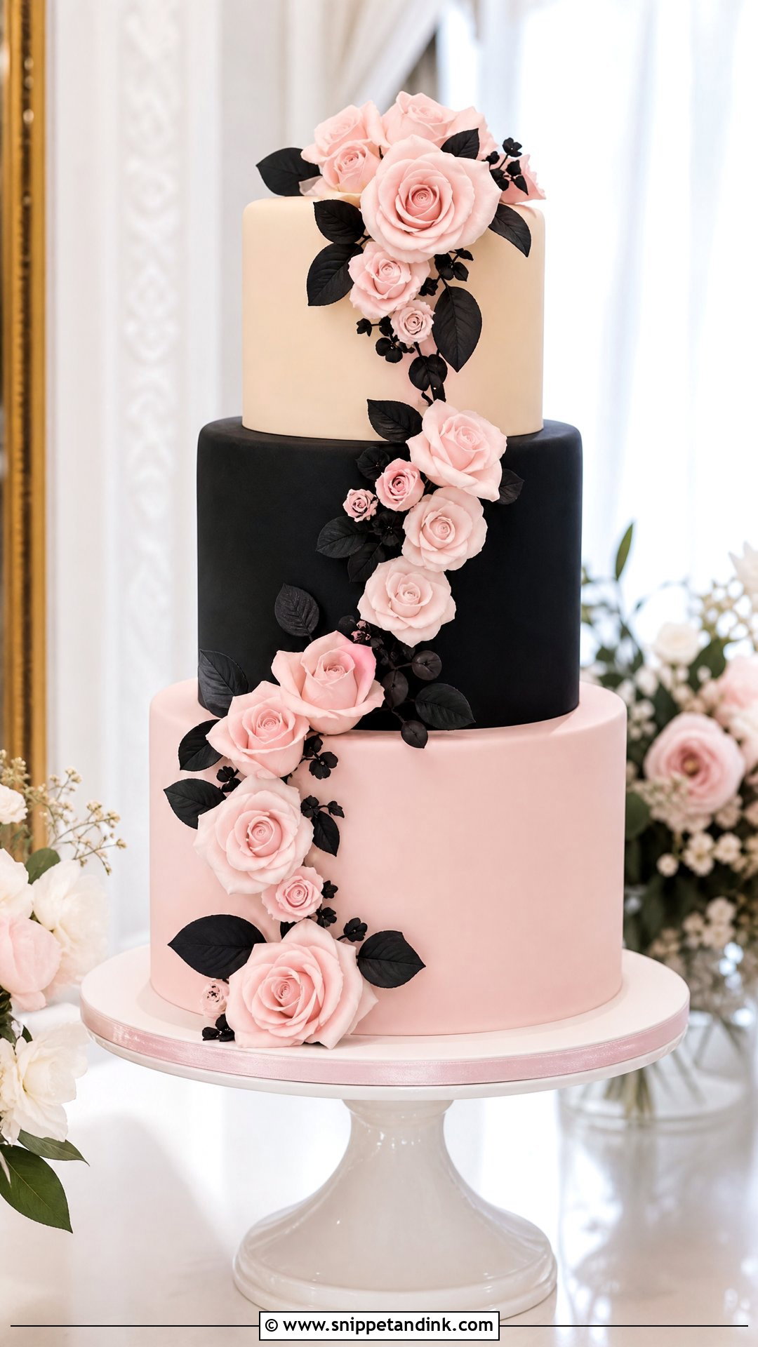 Pink And Black Wedding Cake With Roses - Snippet and Ink - 25 Pink and Black Cake Ideas for Wedding