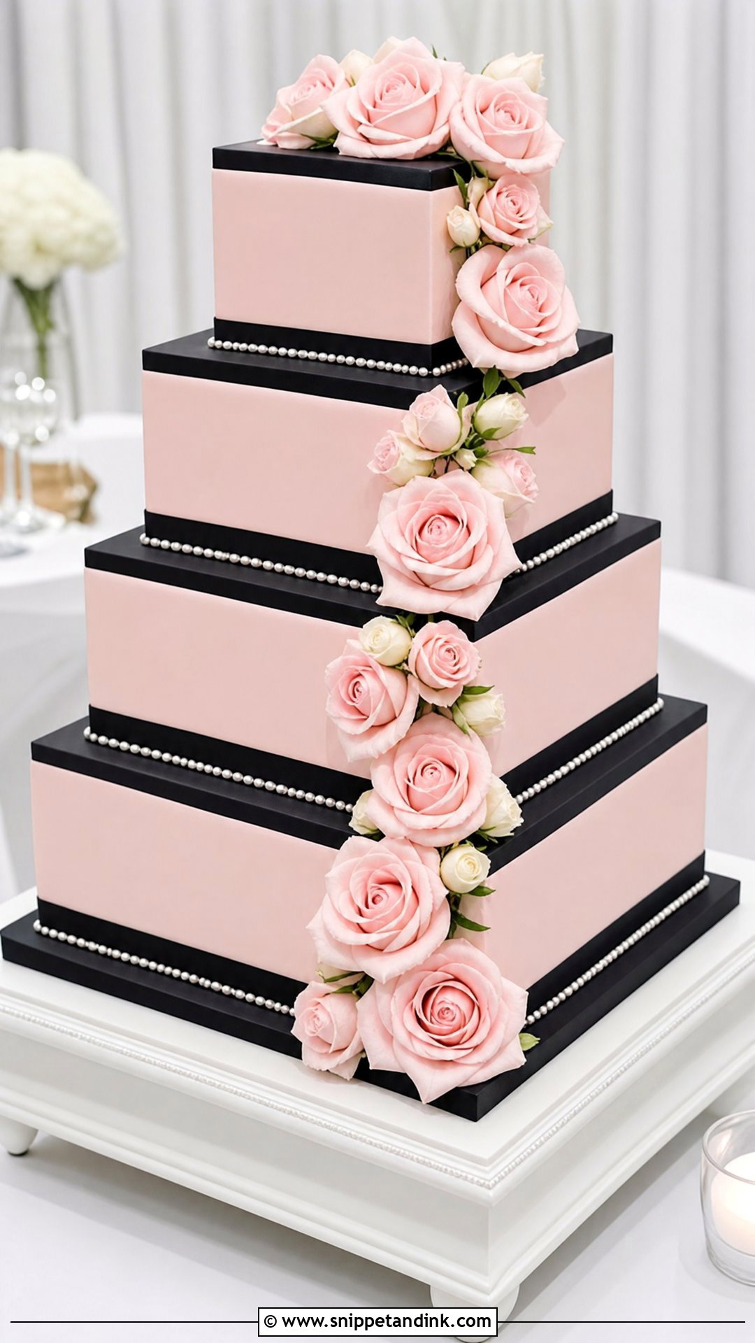 Pink And Black Wedding Cake With Square Tiers - Snippet and Ink - 25 Pink and Black Cake Ideas for Wedding