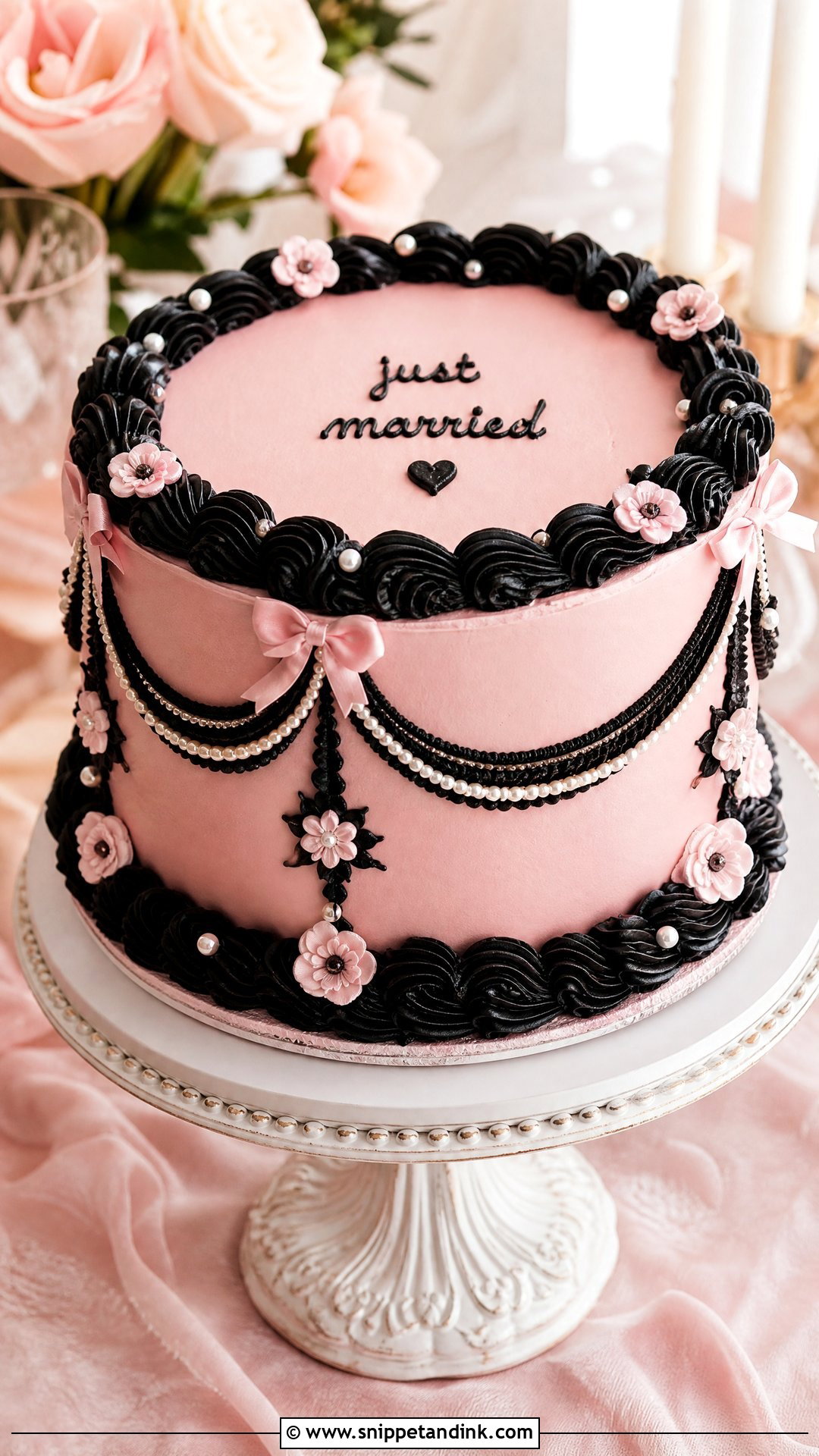 Pink And Black Wedding Cake With Vintage Piping - Snippet and Ink - 25 Pink and Black Cake Ideas for Wedding