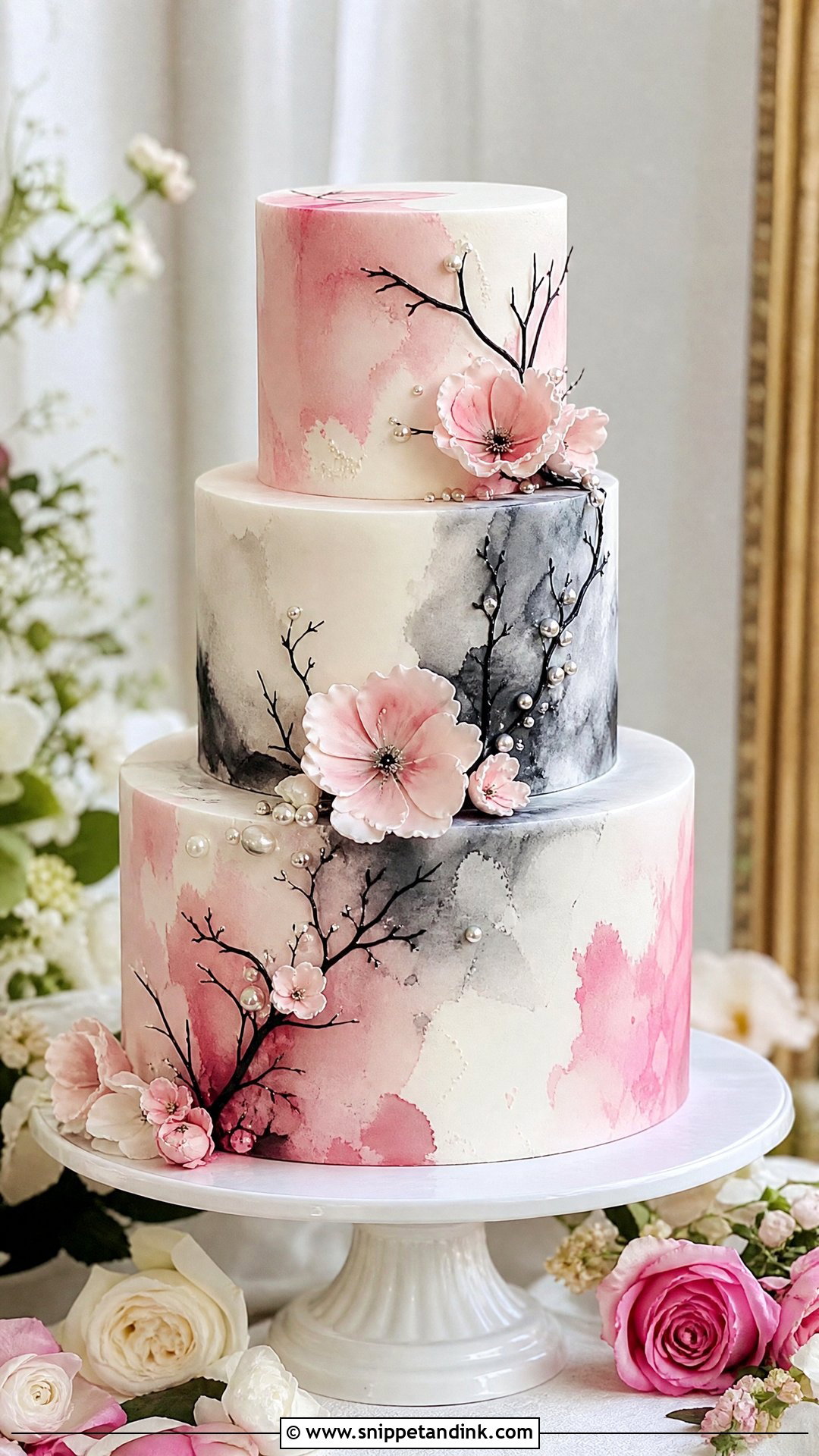 Pink And Black Wedding Cake With Watercolor - Snippet and Ink - 25 Pink and Black Cake Ideas for Wedding