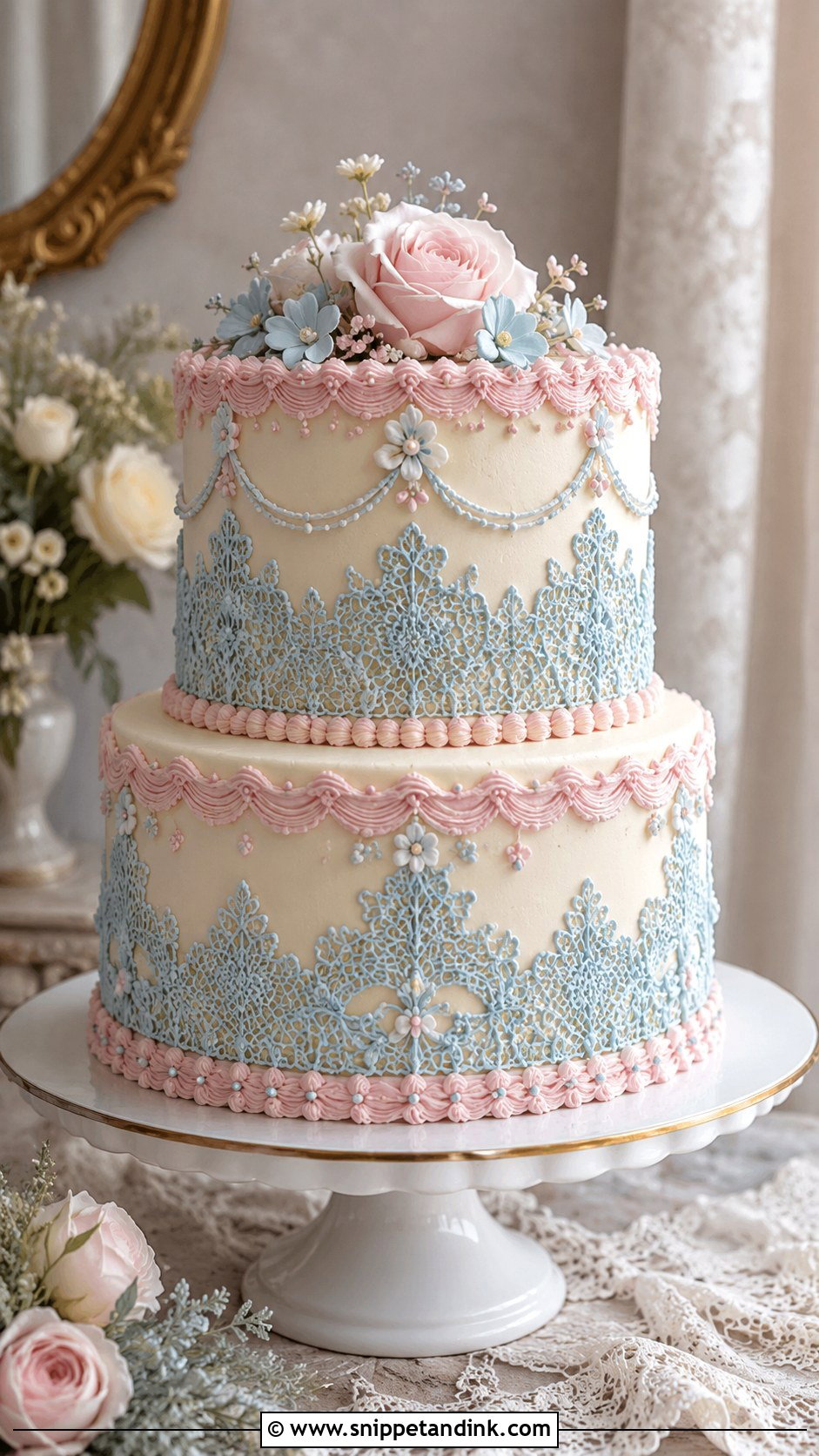 Pink And Blue Lace Wedding Cake - Snippet and Ink - 20 Pink and Blue Vintage Cake Ideas for Wedding