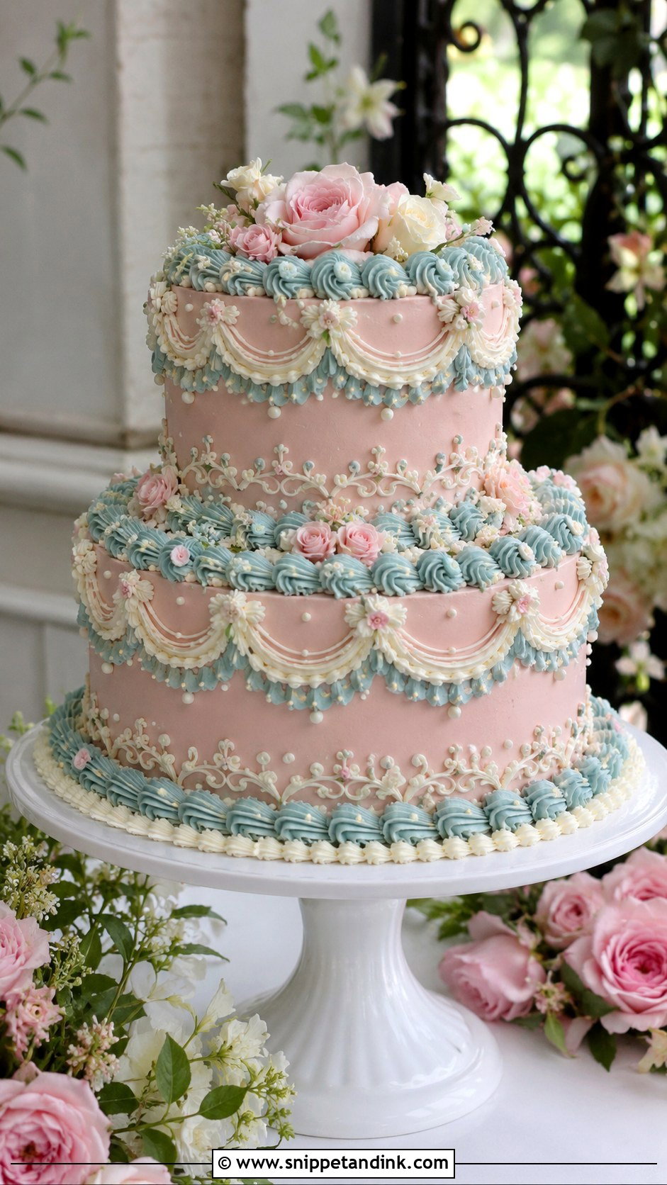 Pink And Blue Lambeth Wedding Cake - Snippet and Ink - 20 Pink and Blue Vintage Cake Ideas for Wedding
