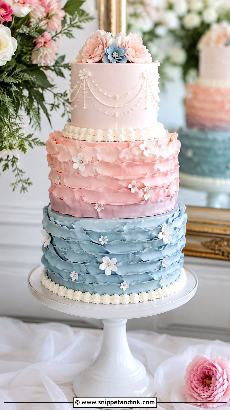 Pink And Blue Ruffle Wedding Cake - Snippet and Ink - 20 Pink and Blue Vintage Cake Ideas for Wedding