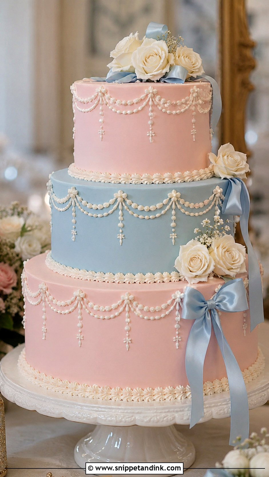 Pink And Blue Tiered Wedding Cake - Snippet and Ink - 20 Pink and Blue Vintage Cake Ideas for Wedding