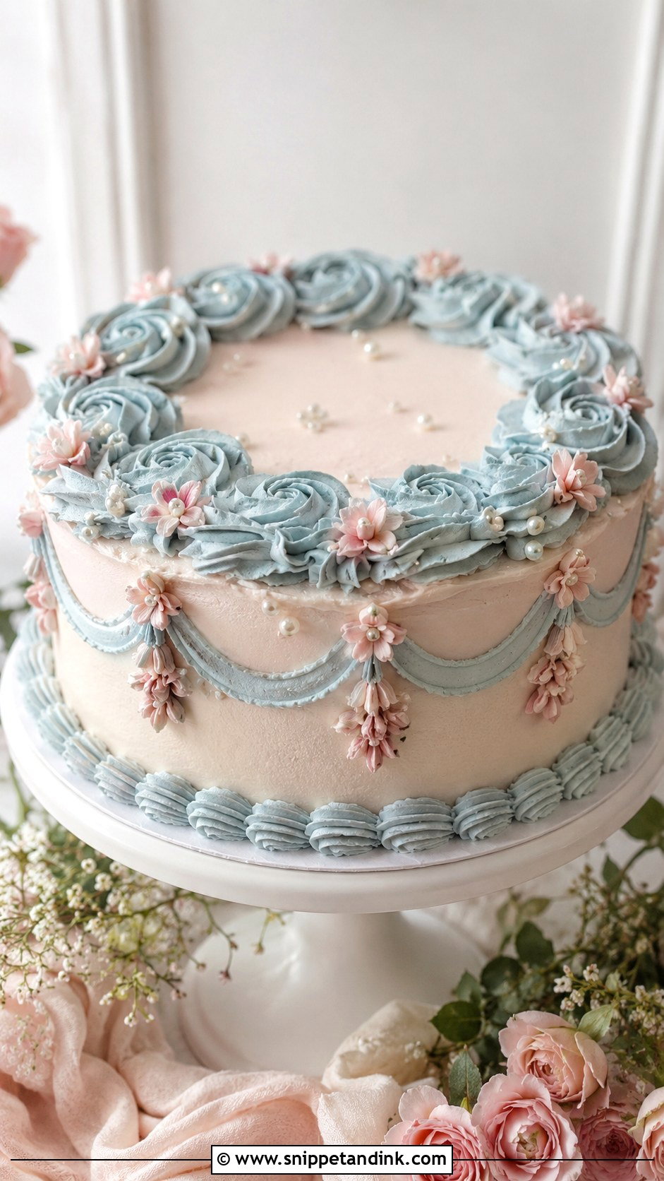 Pink And Blue Vintage Buttercream Wedding Cake - Snippet and Ink - 20 Pink and Blue Vintage Cake Ideas for Wedding