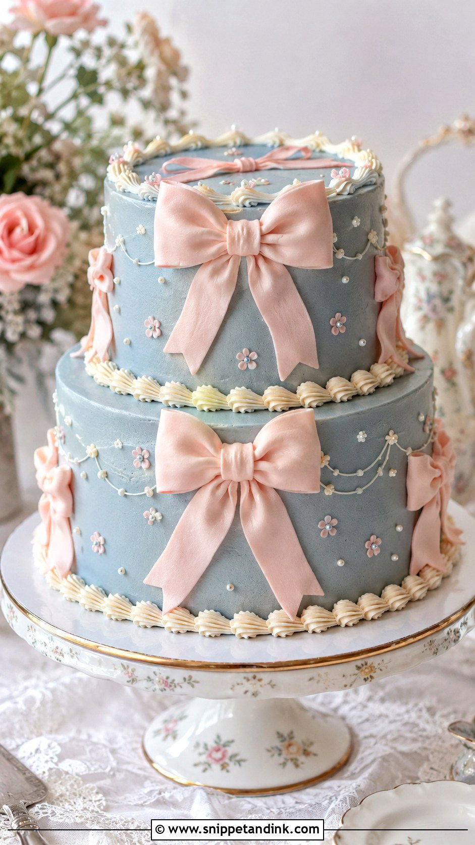 Pink And Blue Wedding Cake With Bows - Snippet and Ink - 20 Pink and Blue Vintage Cake Ideas for Wedding